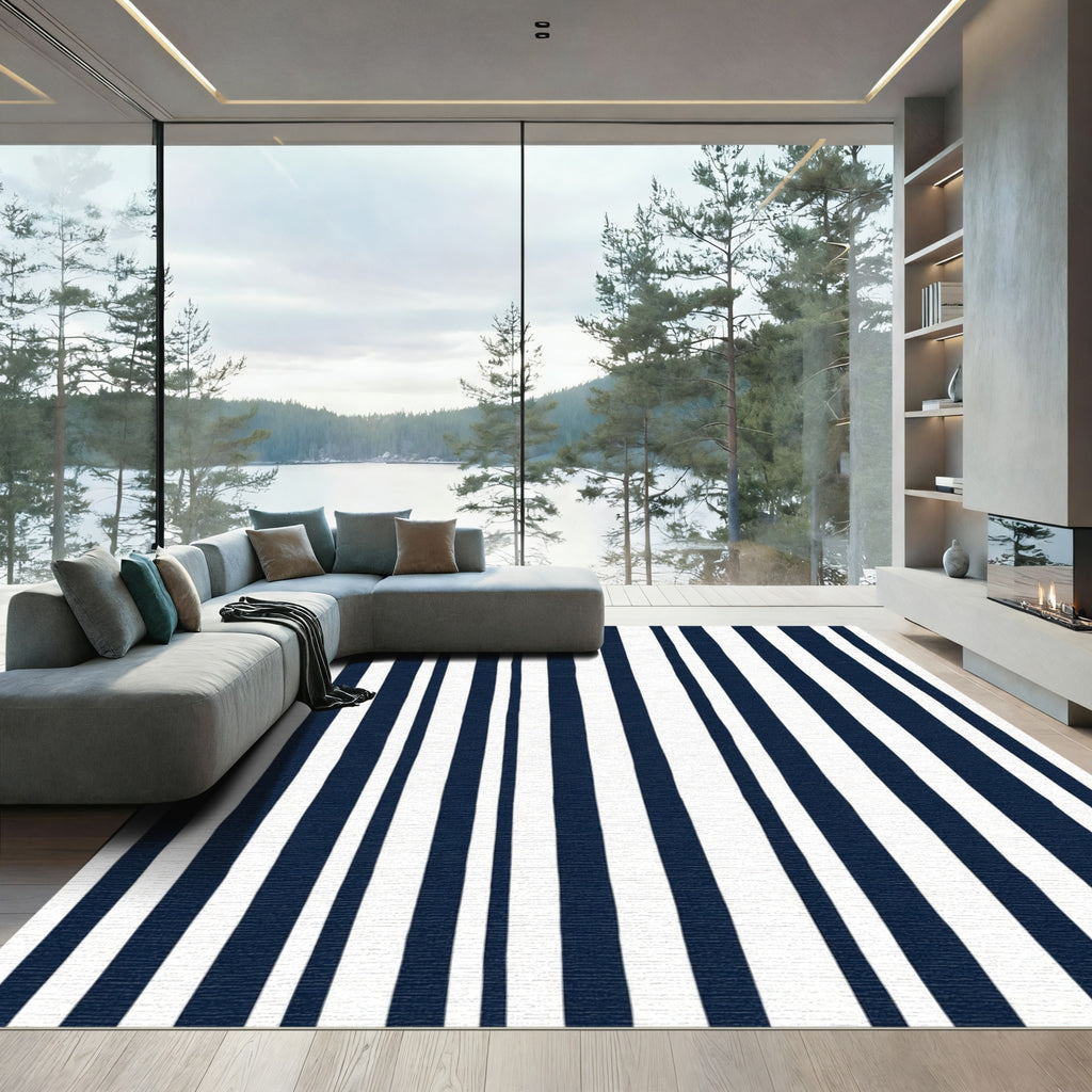 Navy White Irregular Stripe Rug