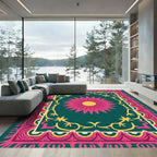 Vibrant Pink Daisy Teal Frame Rug
