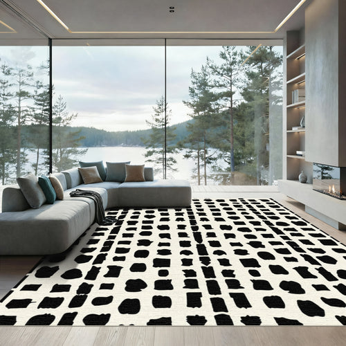 Black Abstract Organic Square Grid Rug