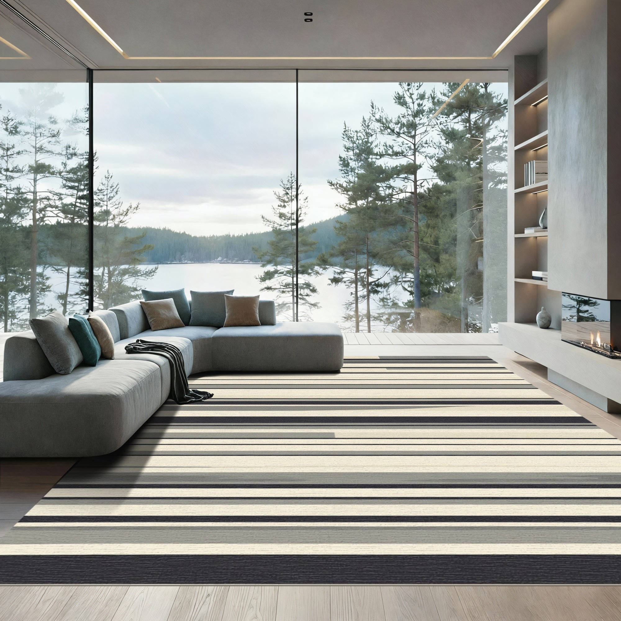 Modern Cream Black Horizontal Stripe Rug