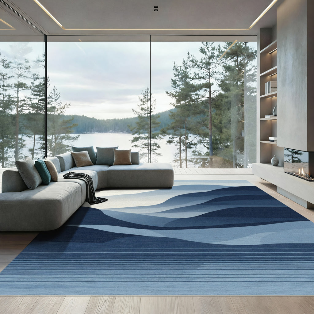 Serene Blue Abstract Landscape Waves Rug