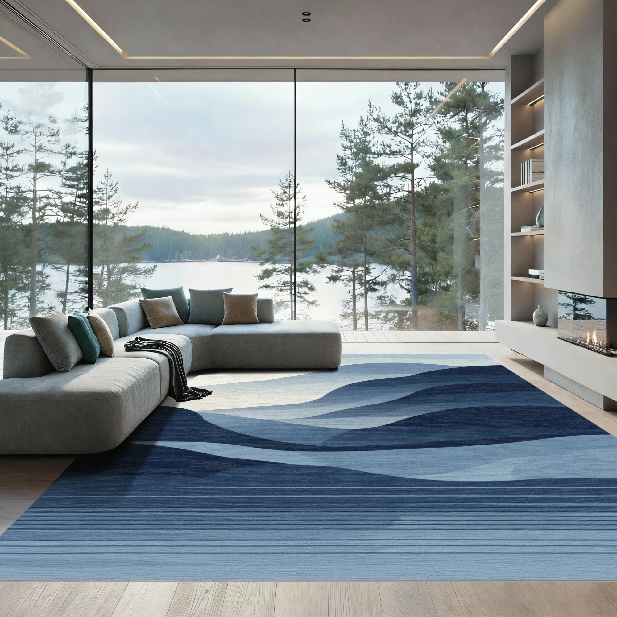 Serene Blue Abstract Landscape Waves Rug