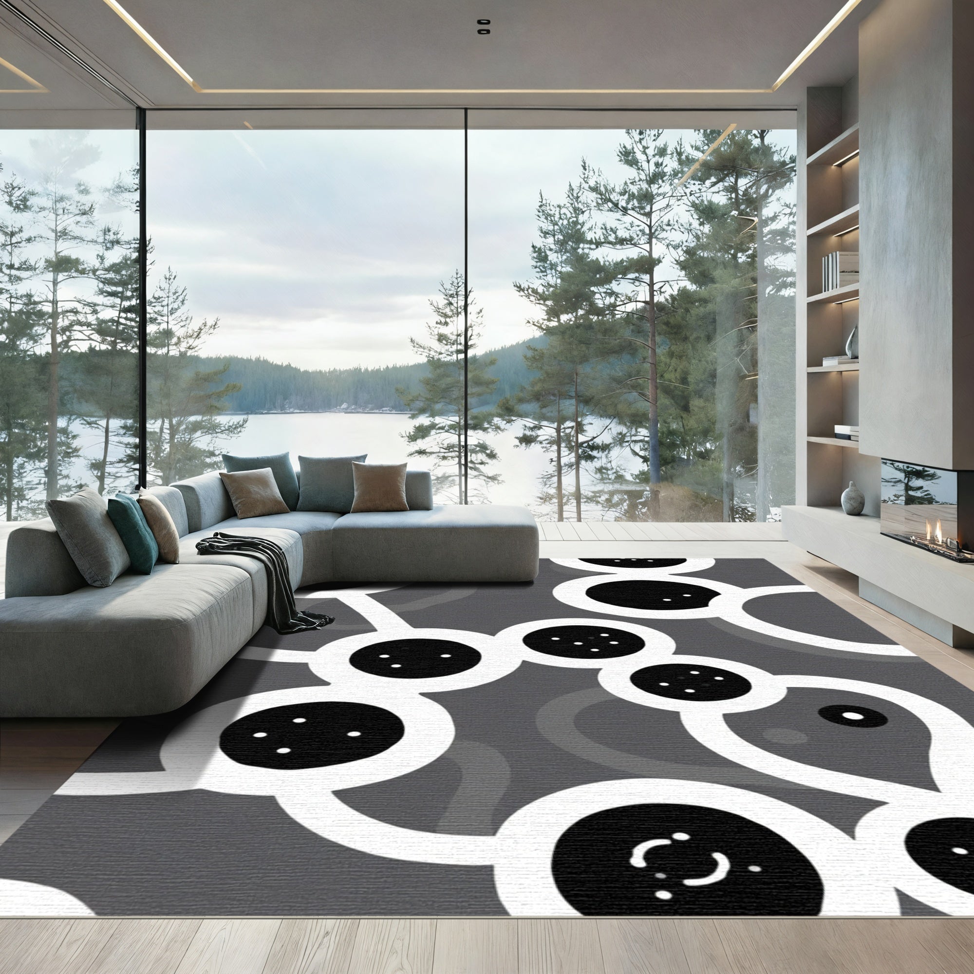 Gray white black abstract bubble connection Rug