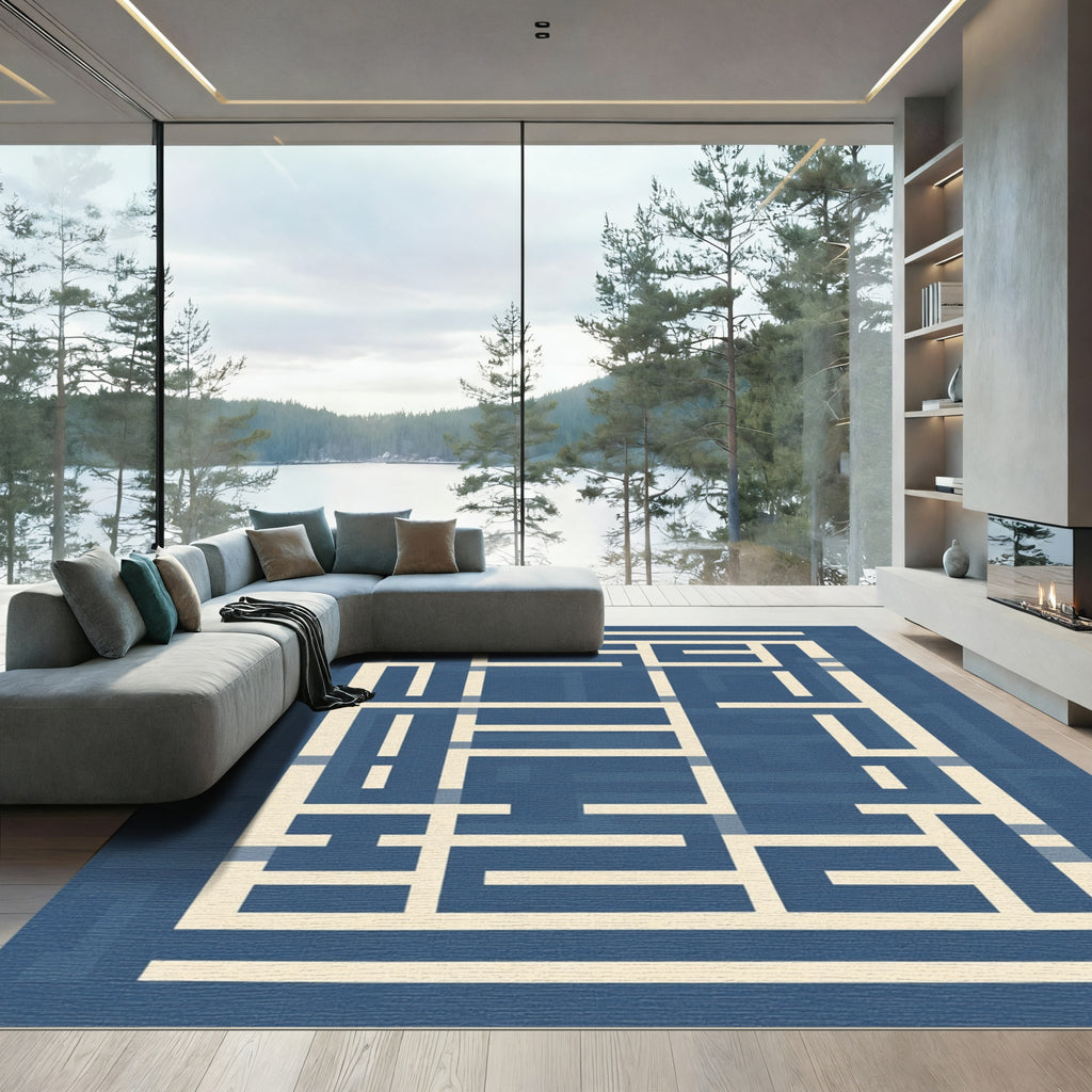 Dark Blue Cream Geometric Labyrinth Rectangles Rug