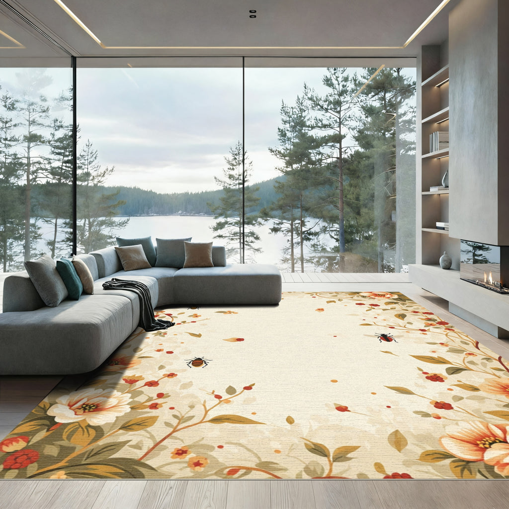 Whimsical Floral Garden Bees Ladybugs Rug