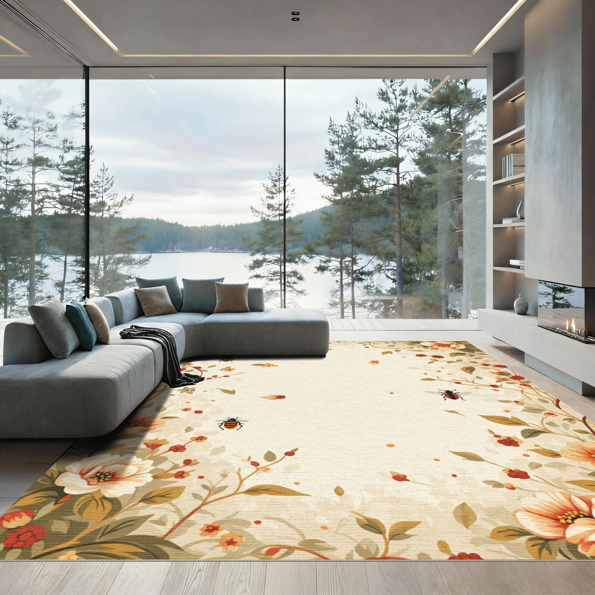 Whimsical Floral Garden Bees Ladybugs Rug