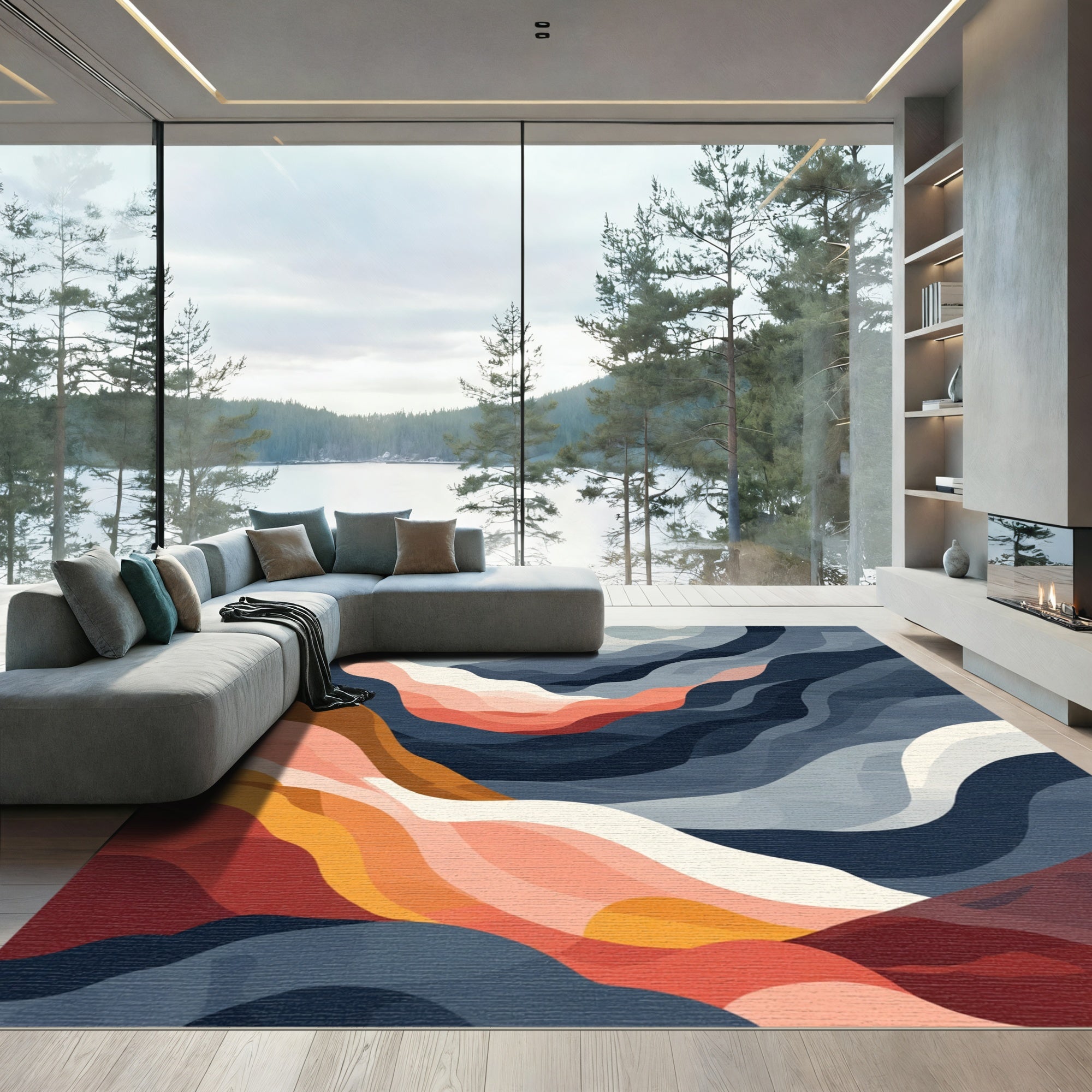 Crimson Coral Abstract Flowing Waves Rug