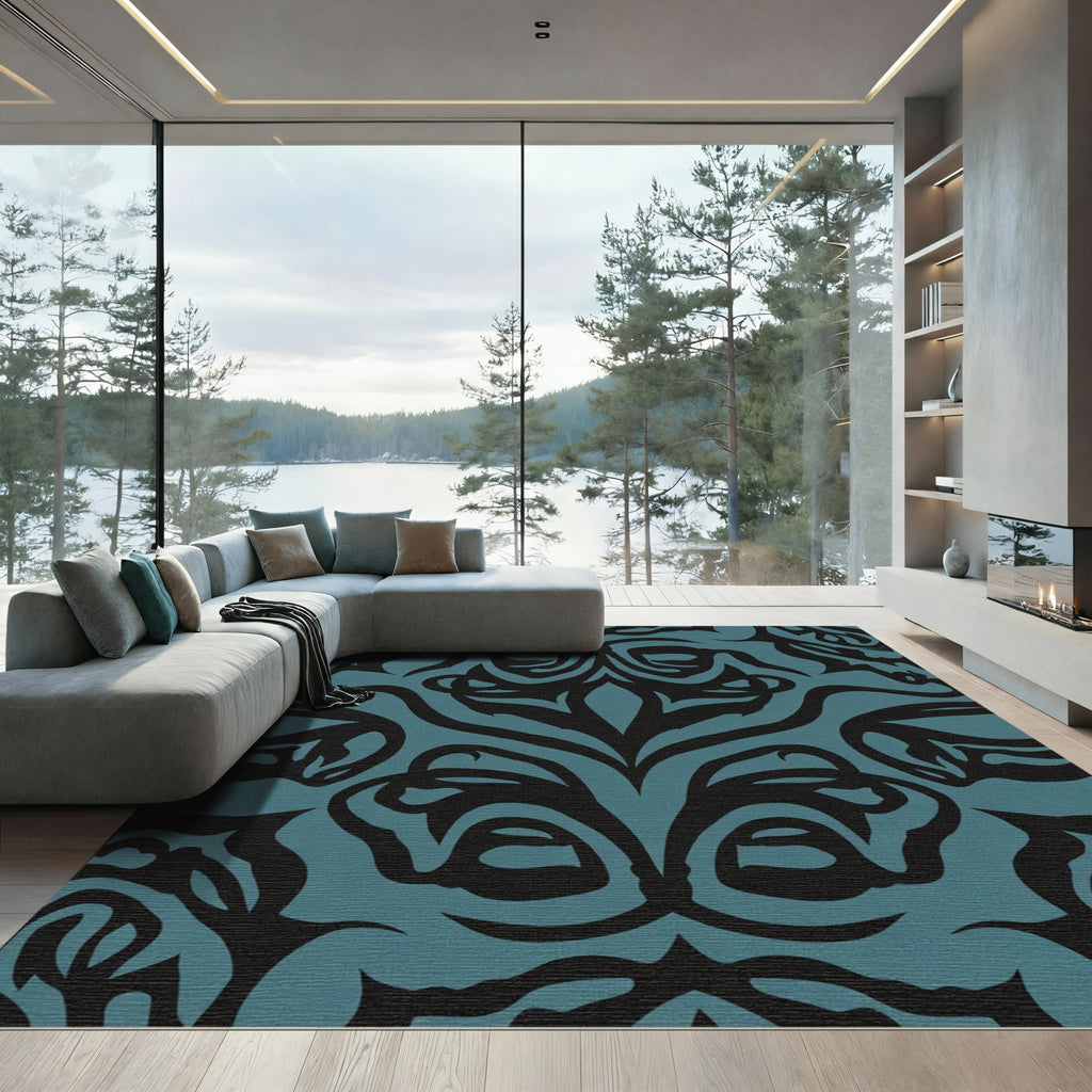 Deep Teal Black Organic Swirl Rug