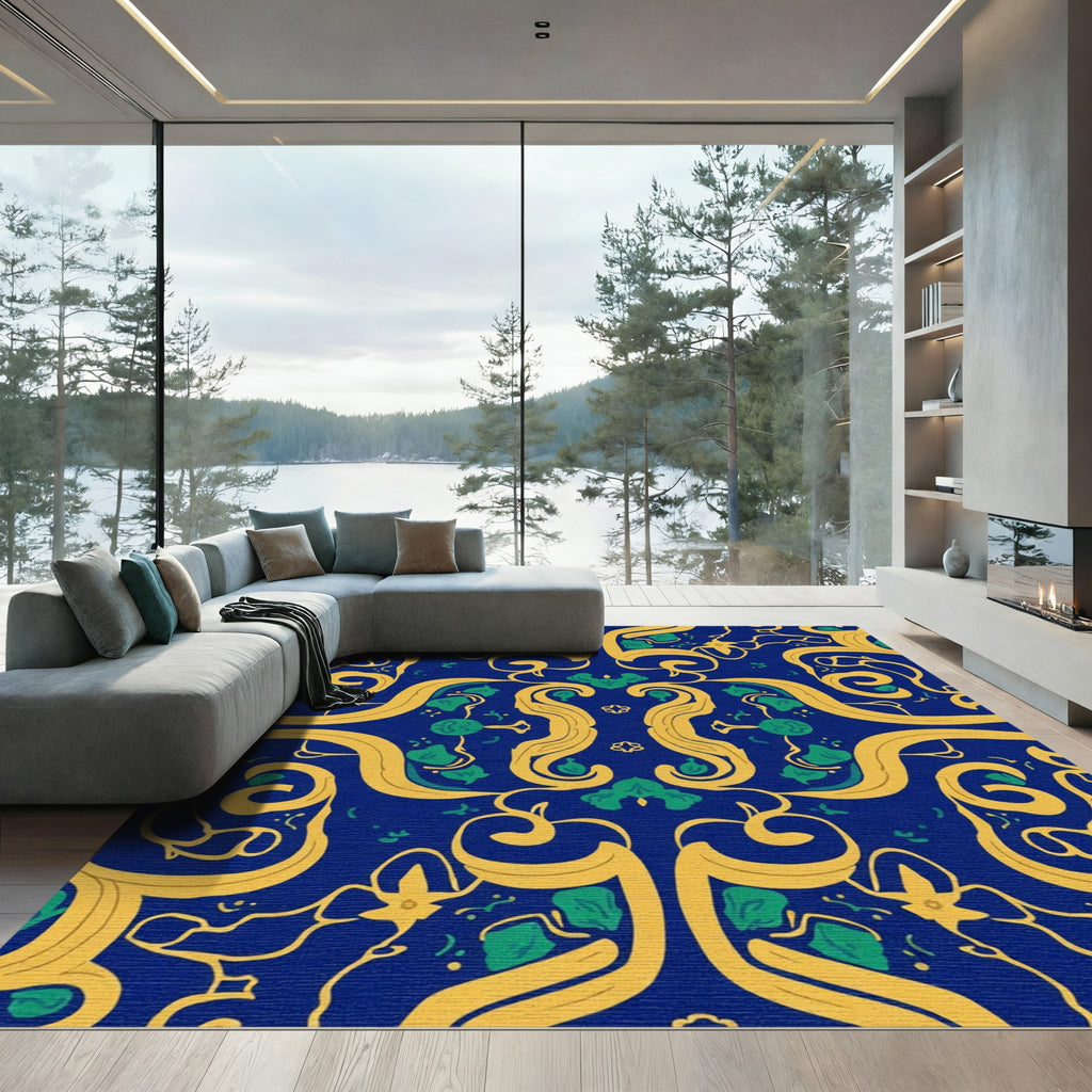 Rich Blue Gold Green Swirling Vine Rug