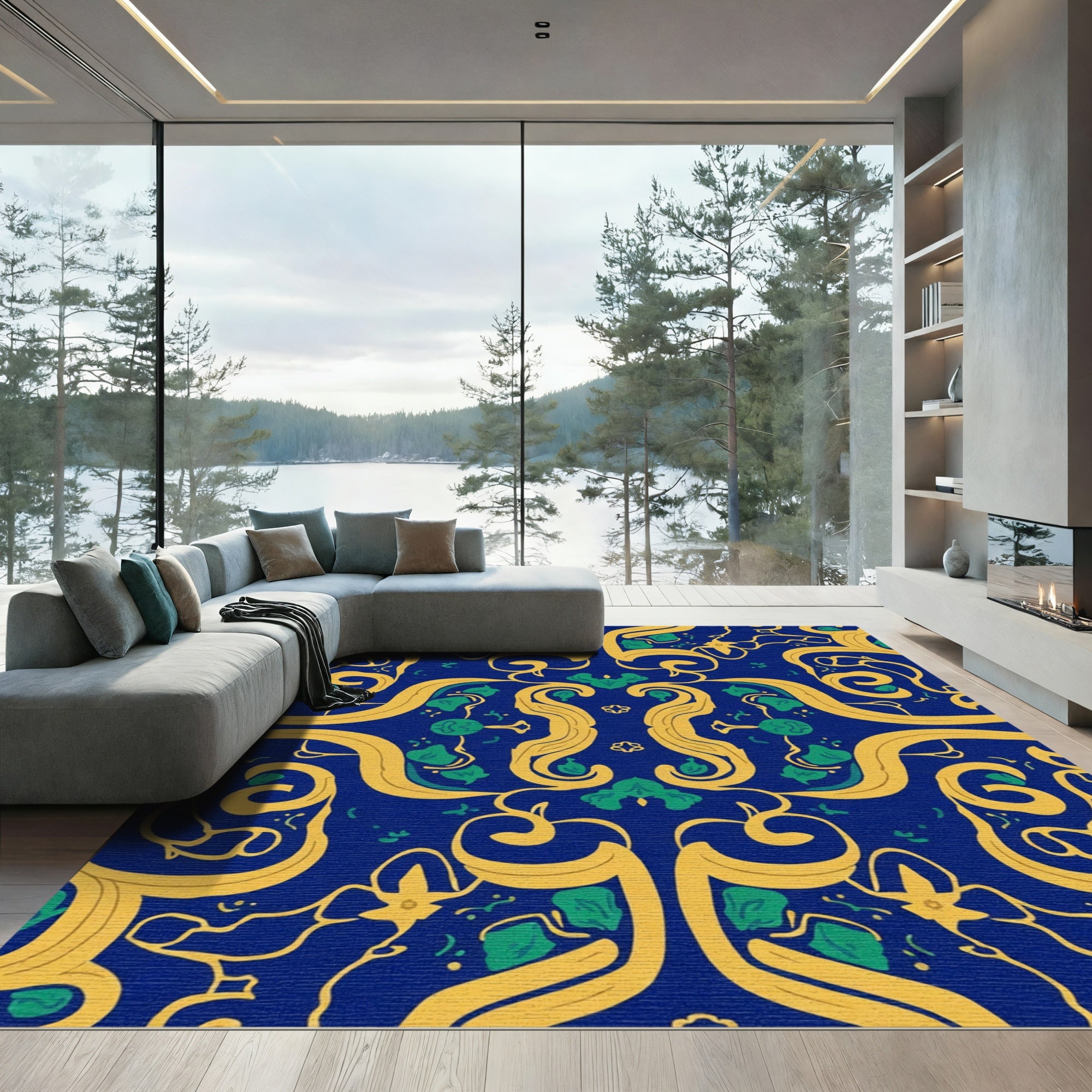 Rich Blue Gold Green Swirling Vine Rug