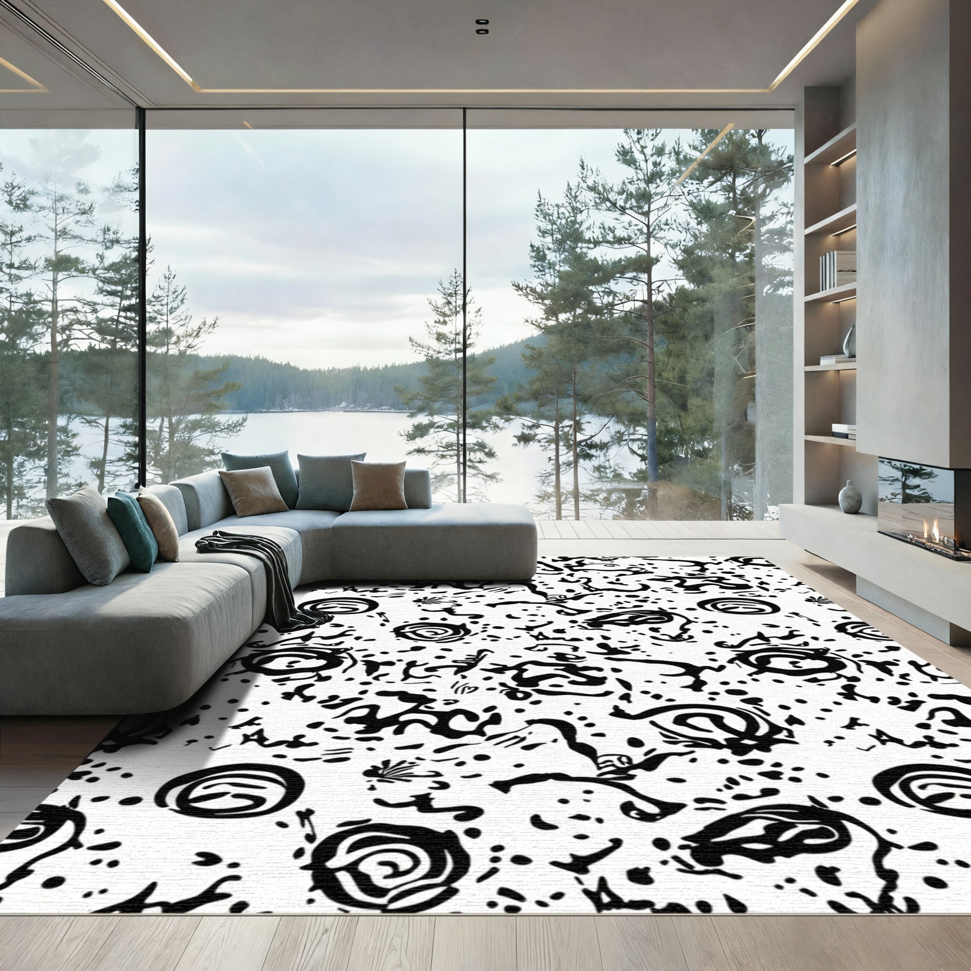 Primitive Black White Abstract Scribble Rug