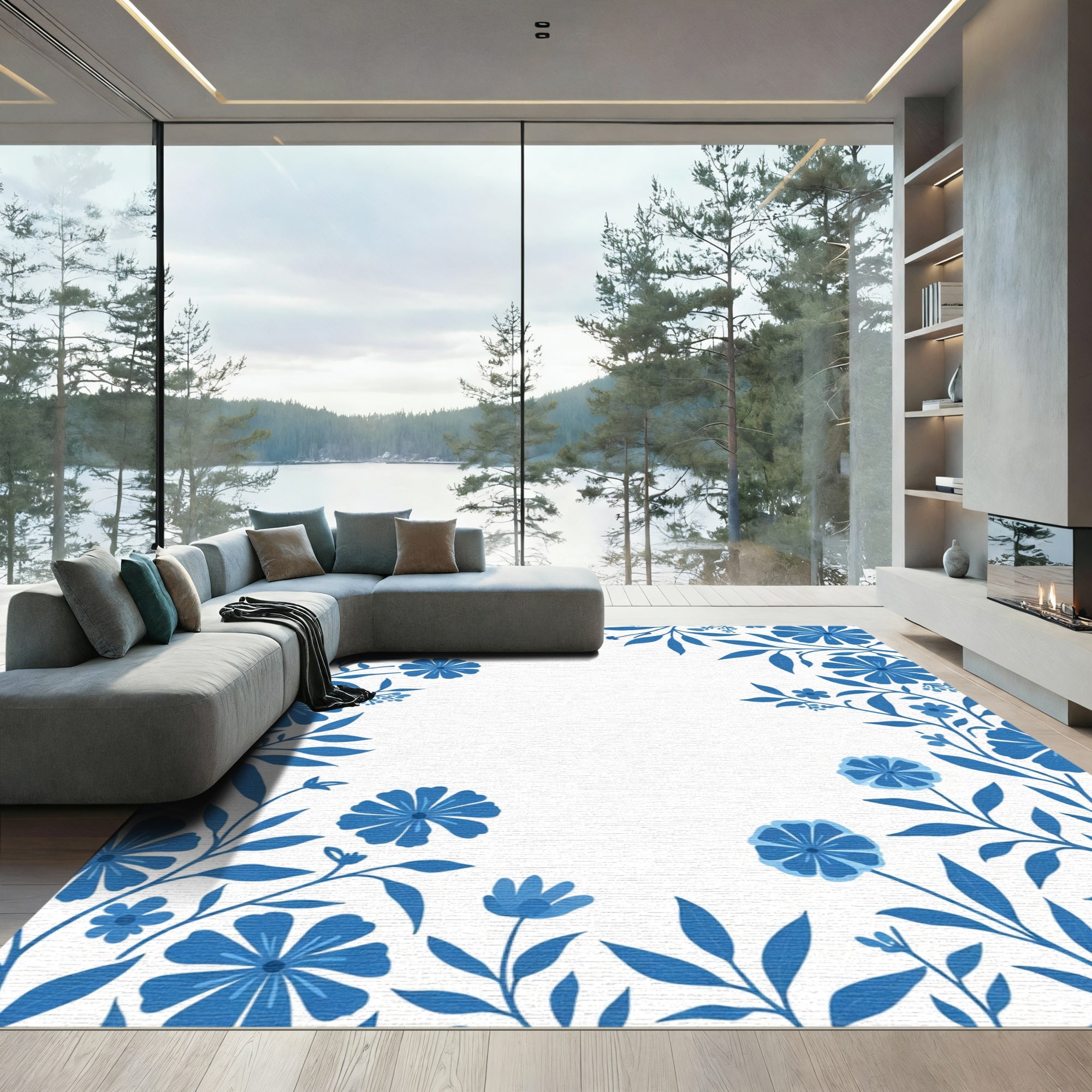Classic Blue Floral Vine Border Rug