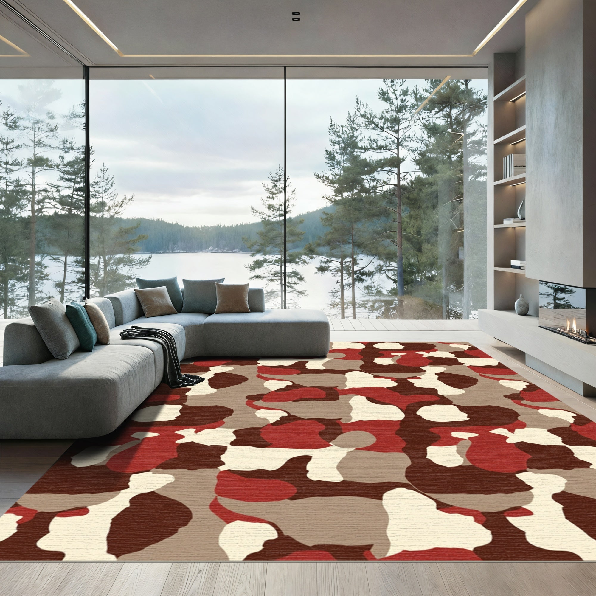 Rustic Crimson Camouflage Abstract Rug