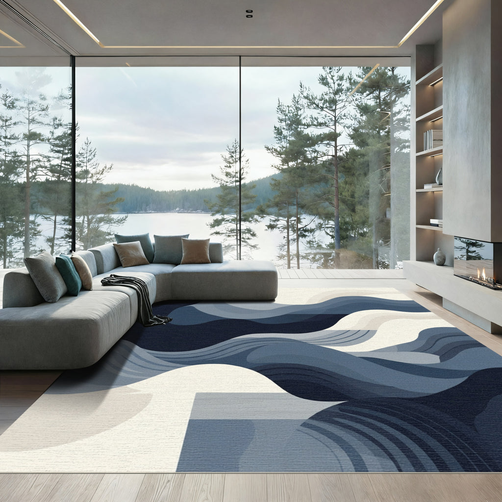 Deep Blue Abstract Flowing Waves Rug