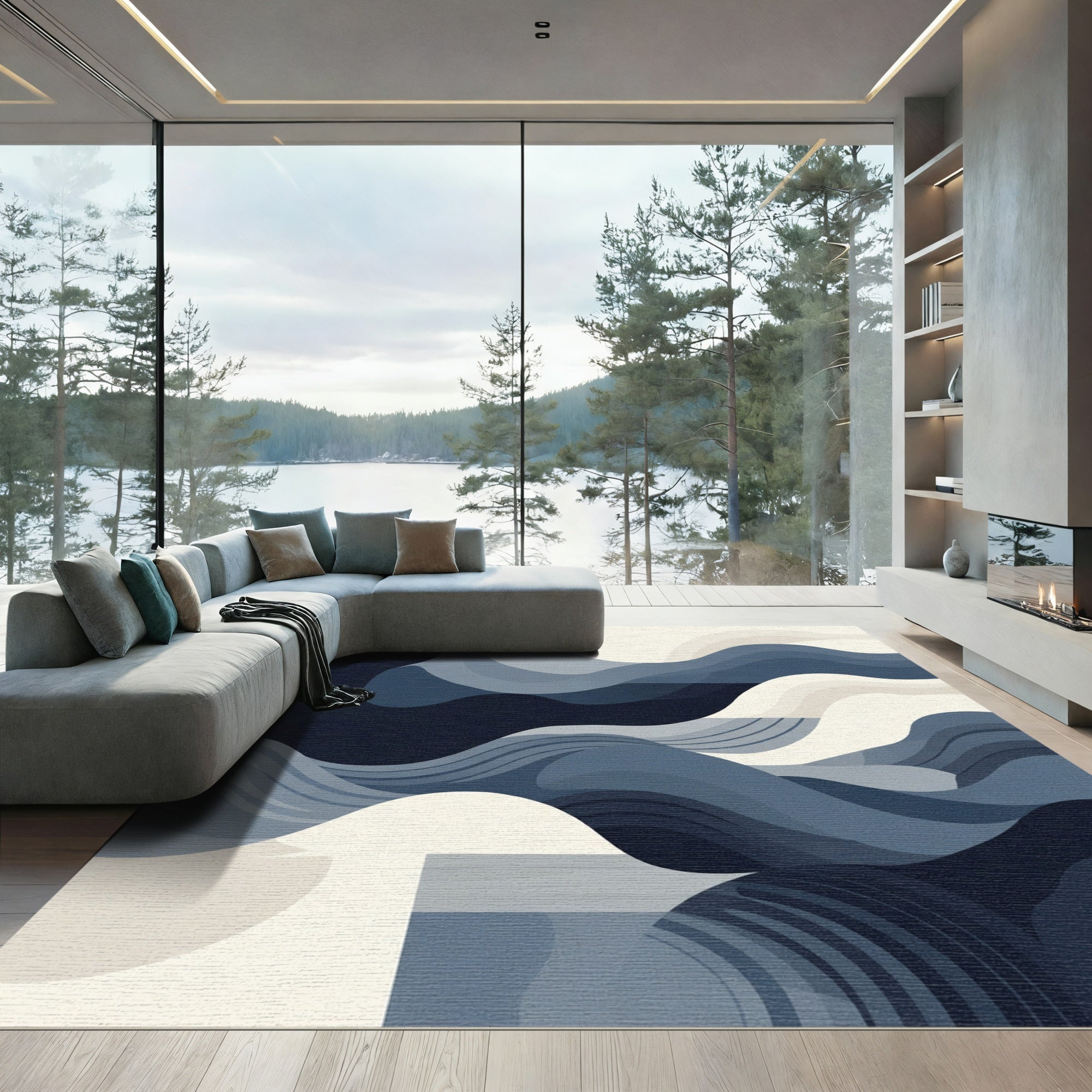 Deep Blue Abstract Flowing Waves Rug