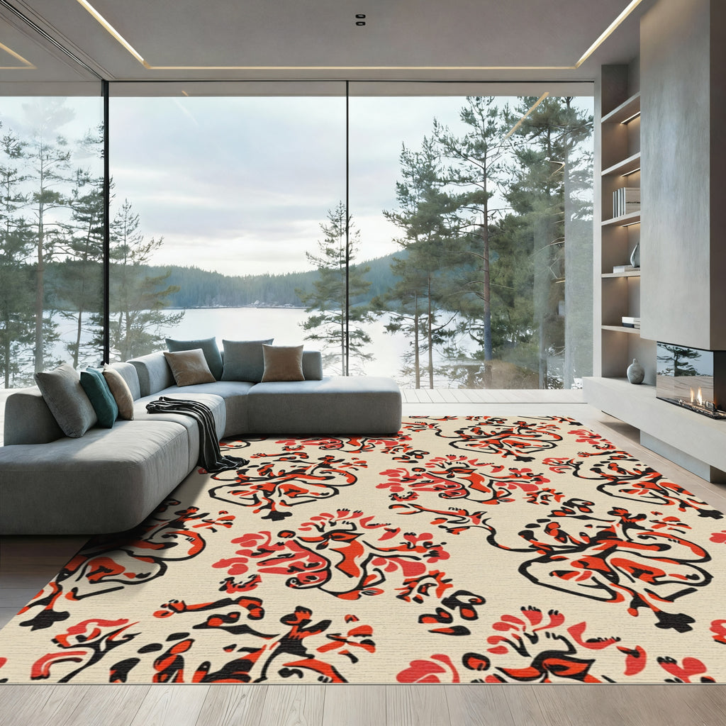 Crimson Red Abstract Floral Swirl Rug