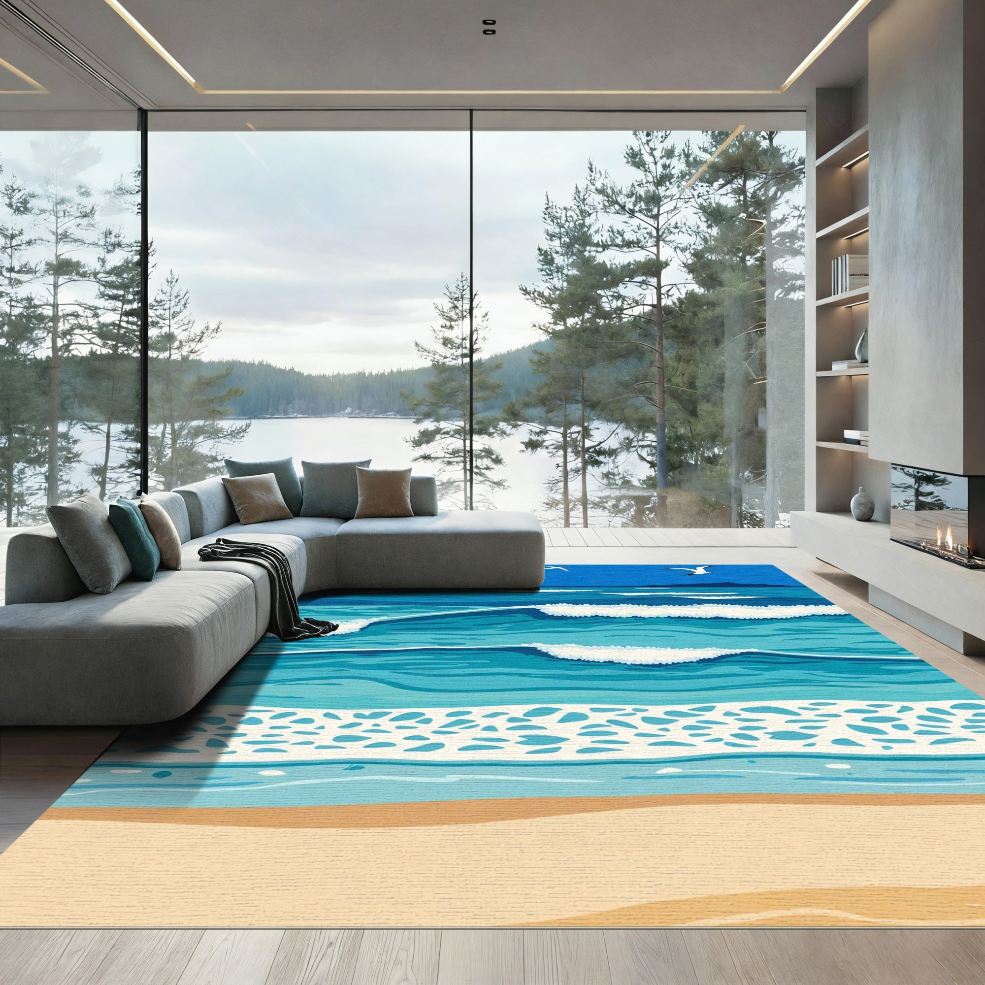 Ocean Waves Blue Sky Seagulls Rug
