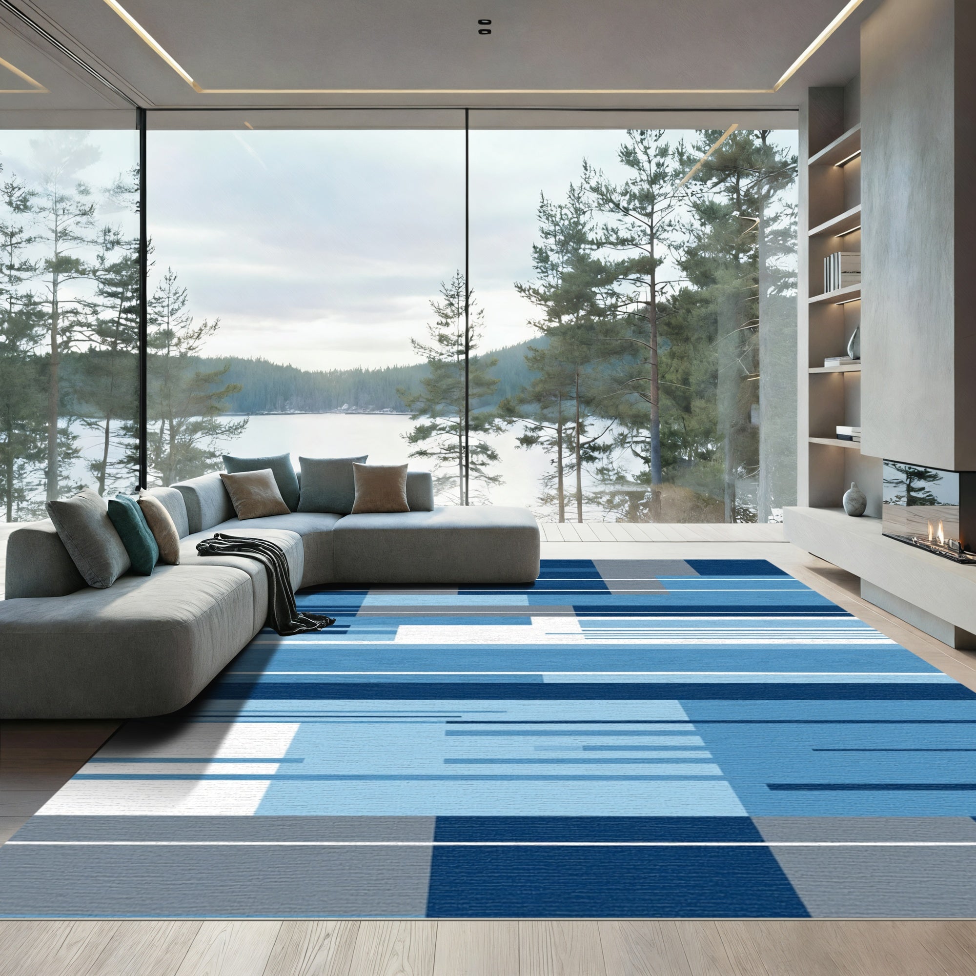 Cool Blue Geometric Lines Rectangles Rug