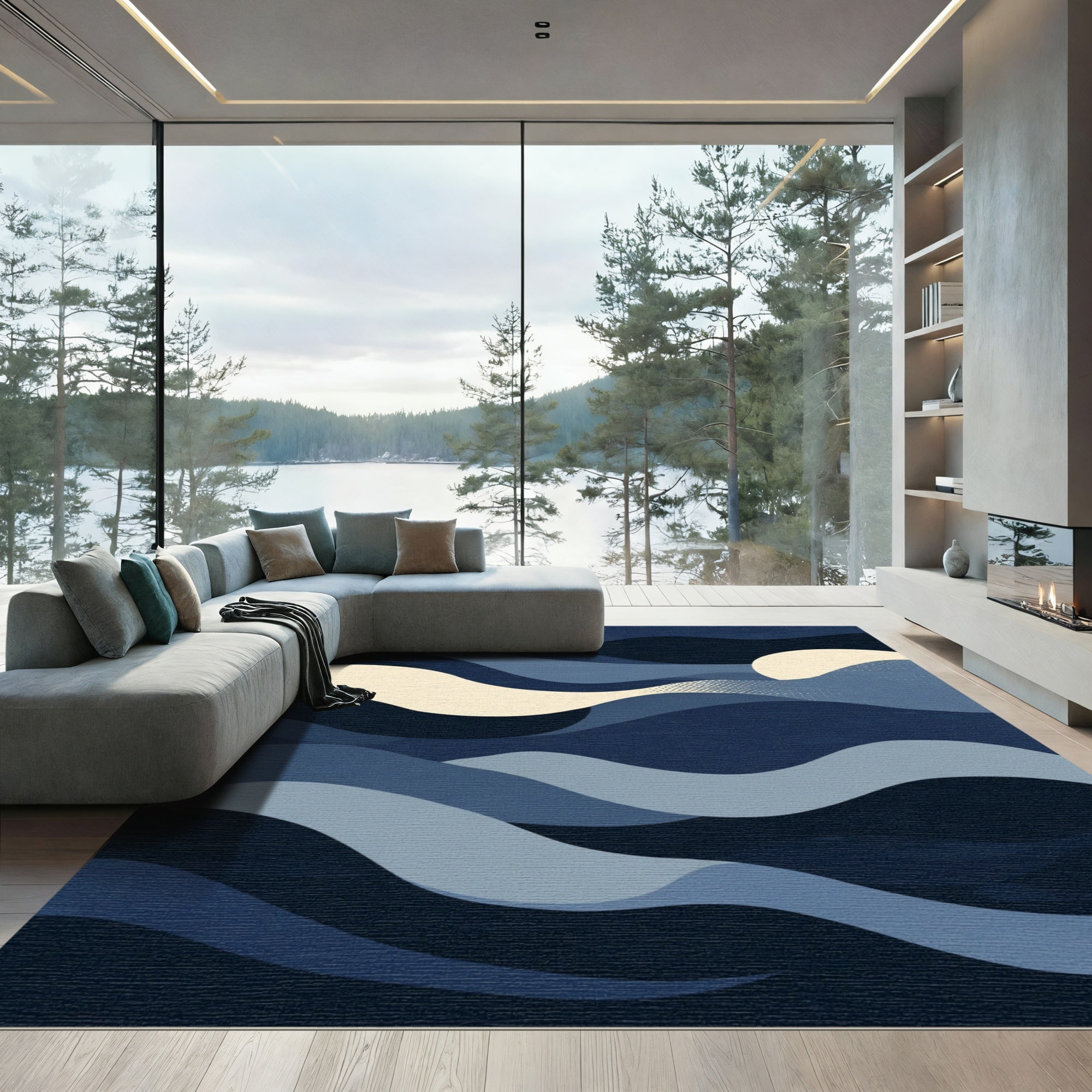 Deep Blue Abstract Wave Landscape Rug