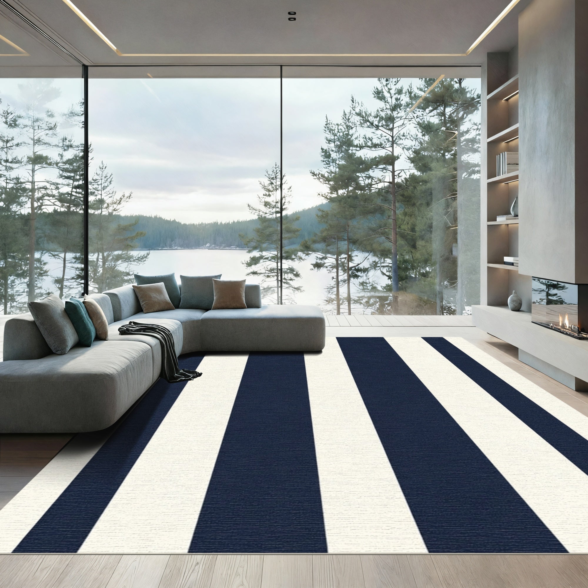 Classic Navy Cream Vertical Stripes Rug
