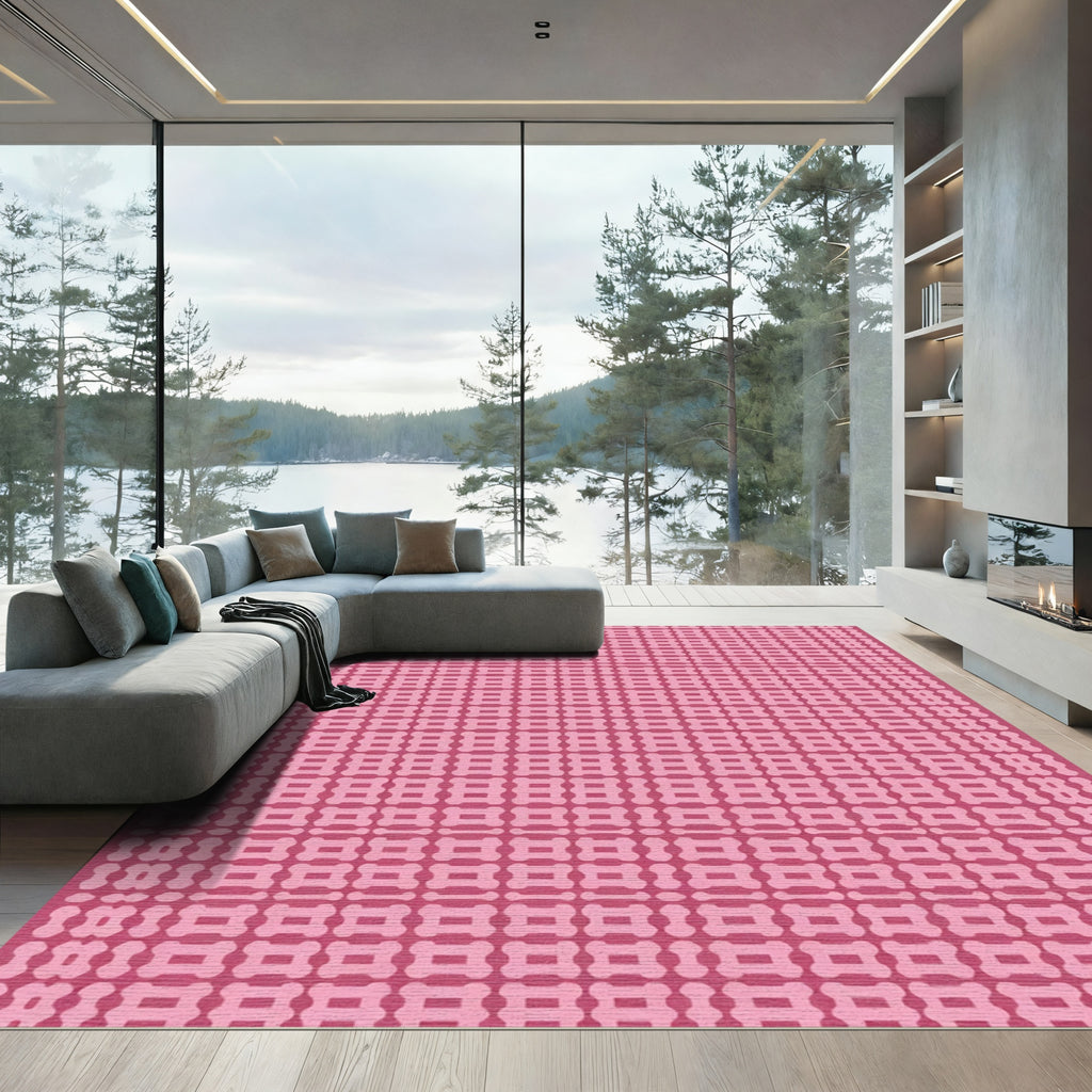 Pink Geometric Lattice Grid Rug