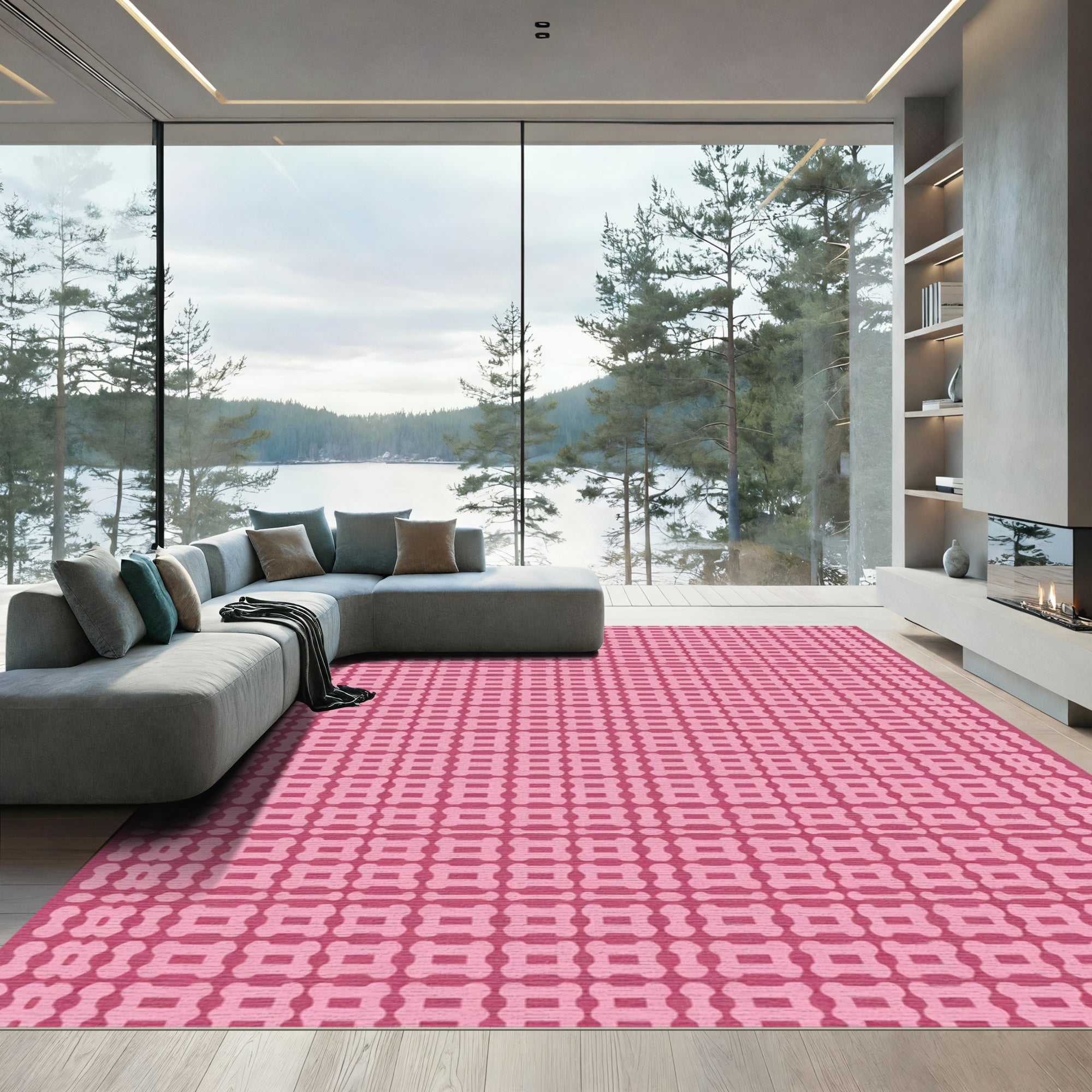 Pink Geometric Lattice Grid Rug