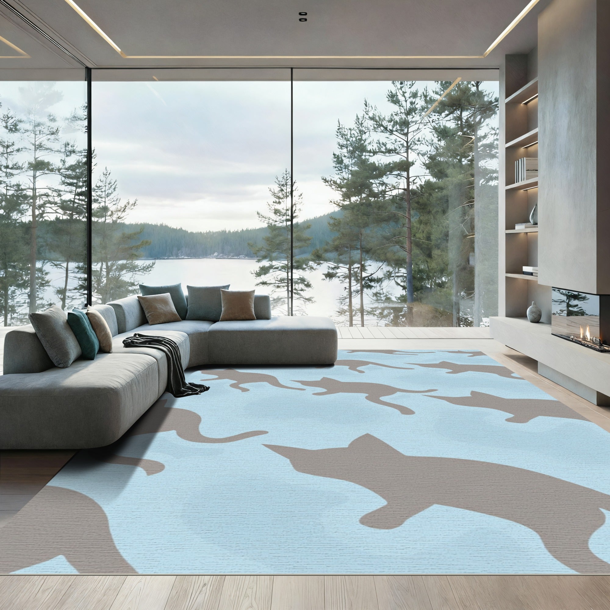 Gray Cat Repeat Light Blue Background Rug