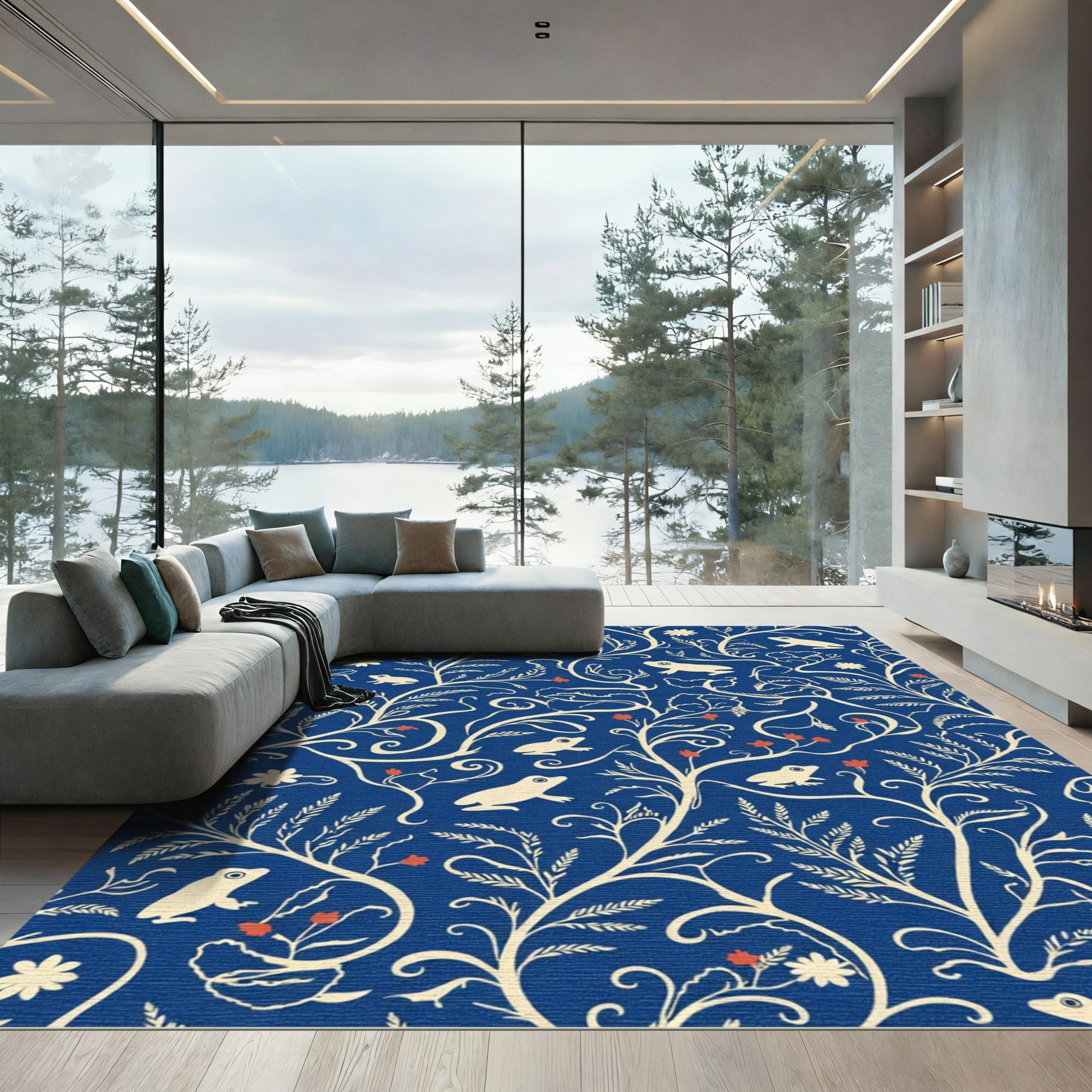 Cream Frogs Floral Blue Vine Art Rug