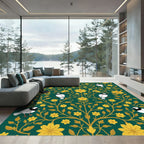 Emerald Gold Floral Bird Tree Rug