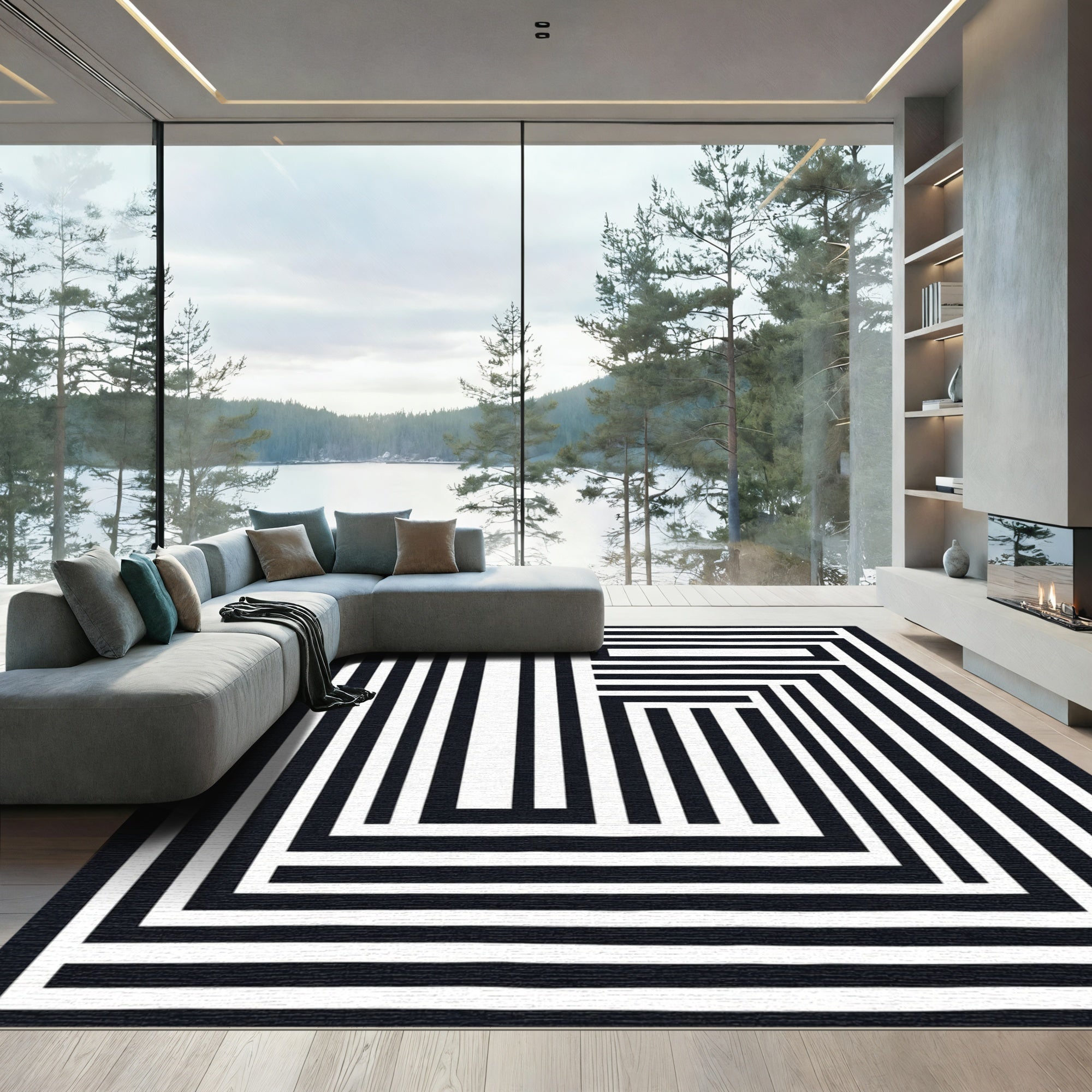 Abstract Black White Stripe Maze Rug
