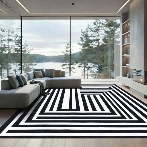Abstract Black White Stripe Maze Rug
