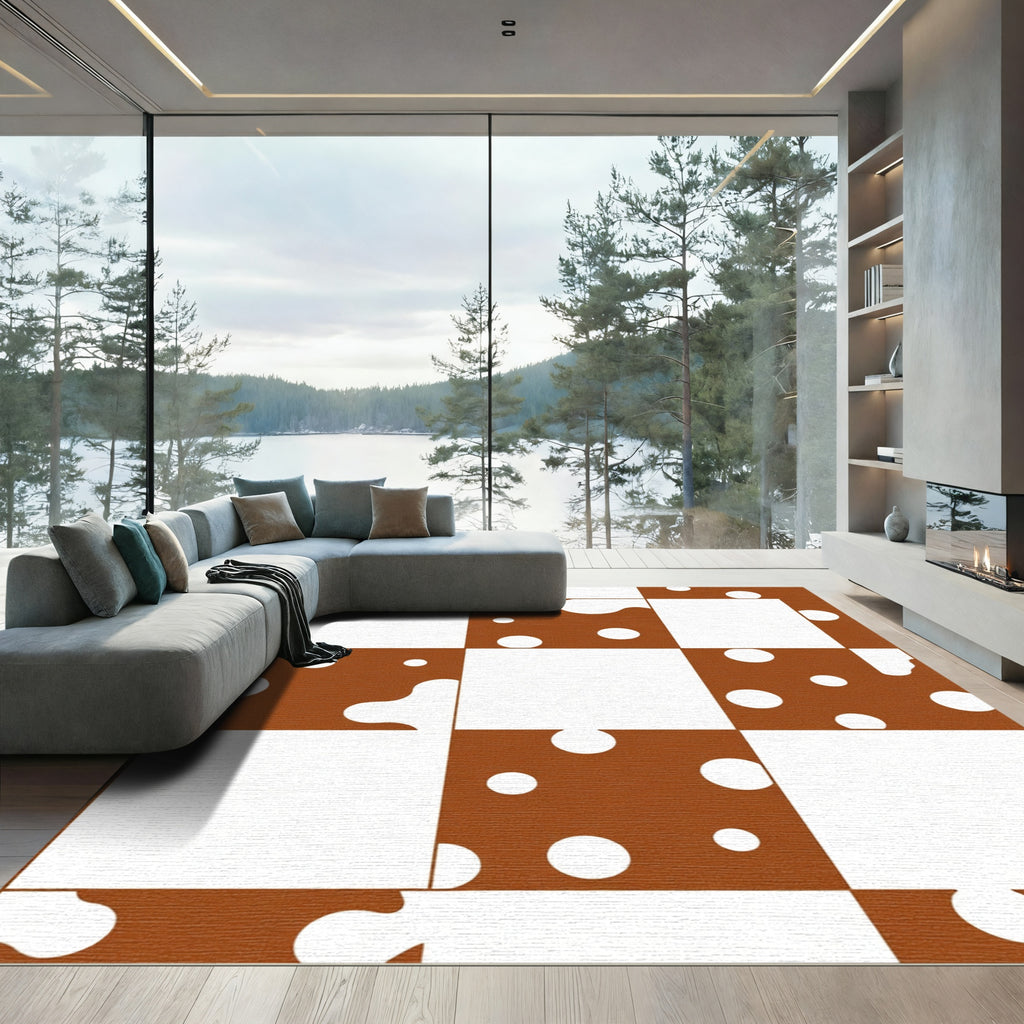 Brown White Checkerboard Polka Dot Rug