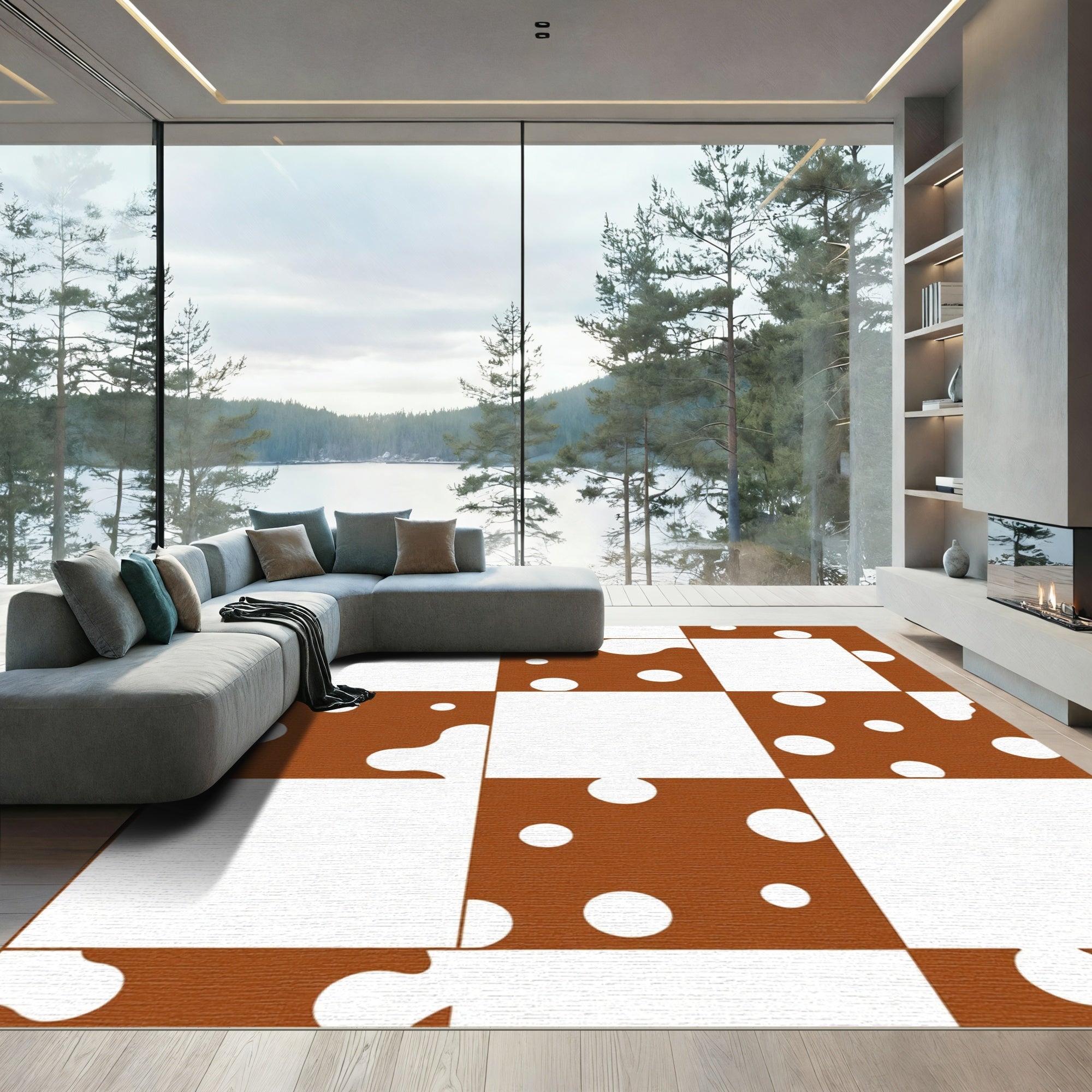Brown White Checkerboard Polka Dot Rug