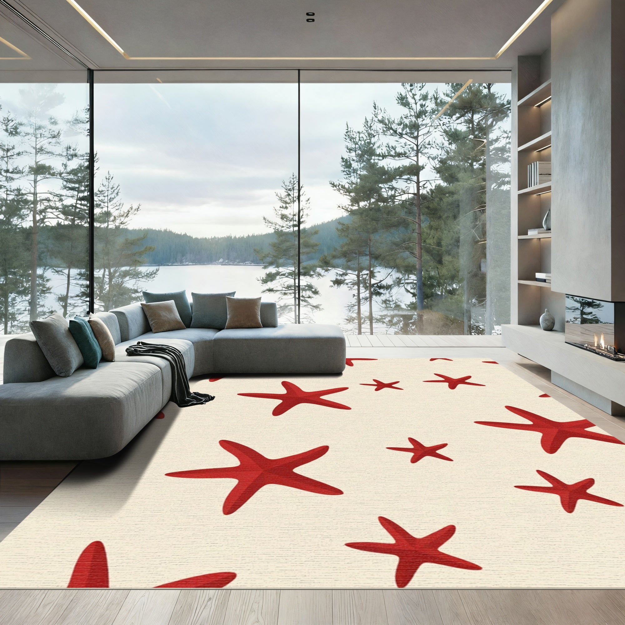 Vibrant Red Starfish Beach Pattern Rug