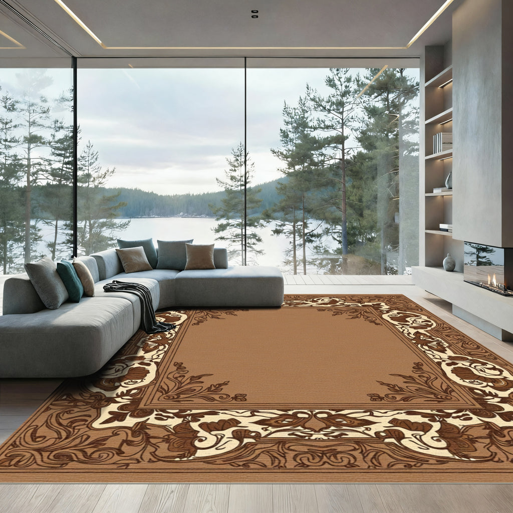 Ornate Brown Floral Frame Rug