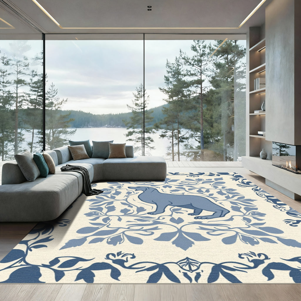 Blue Canine Floral Damask Rug