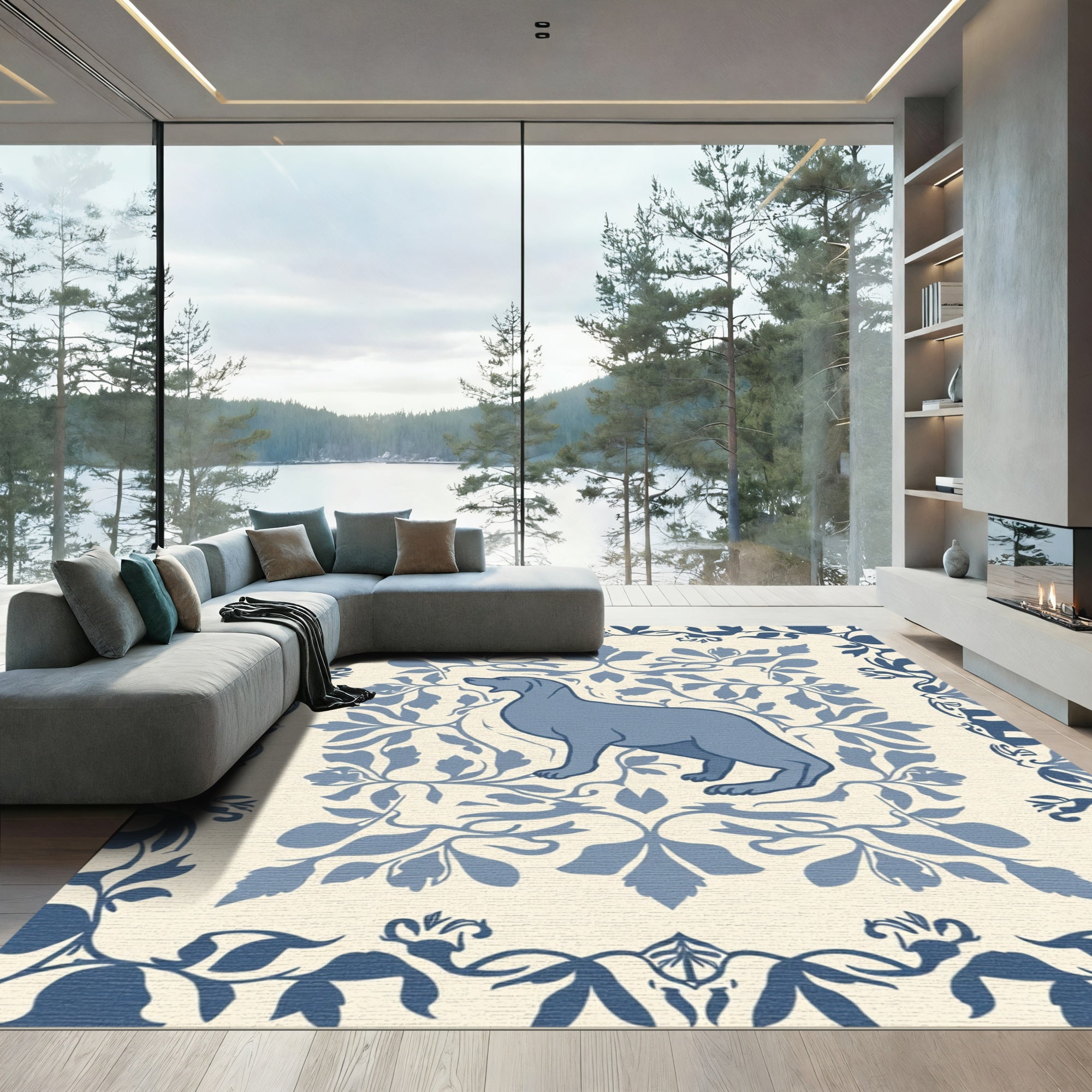 Blue Canine Floral Damask Rug