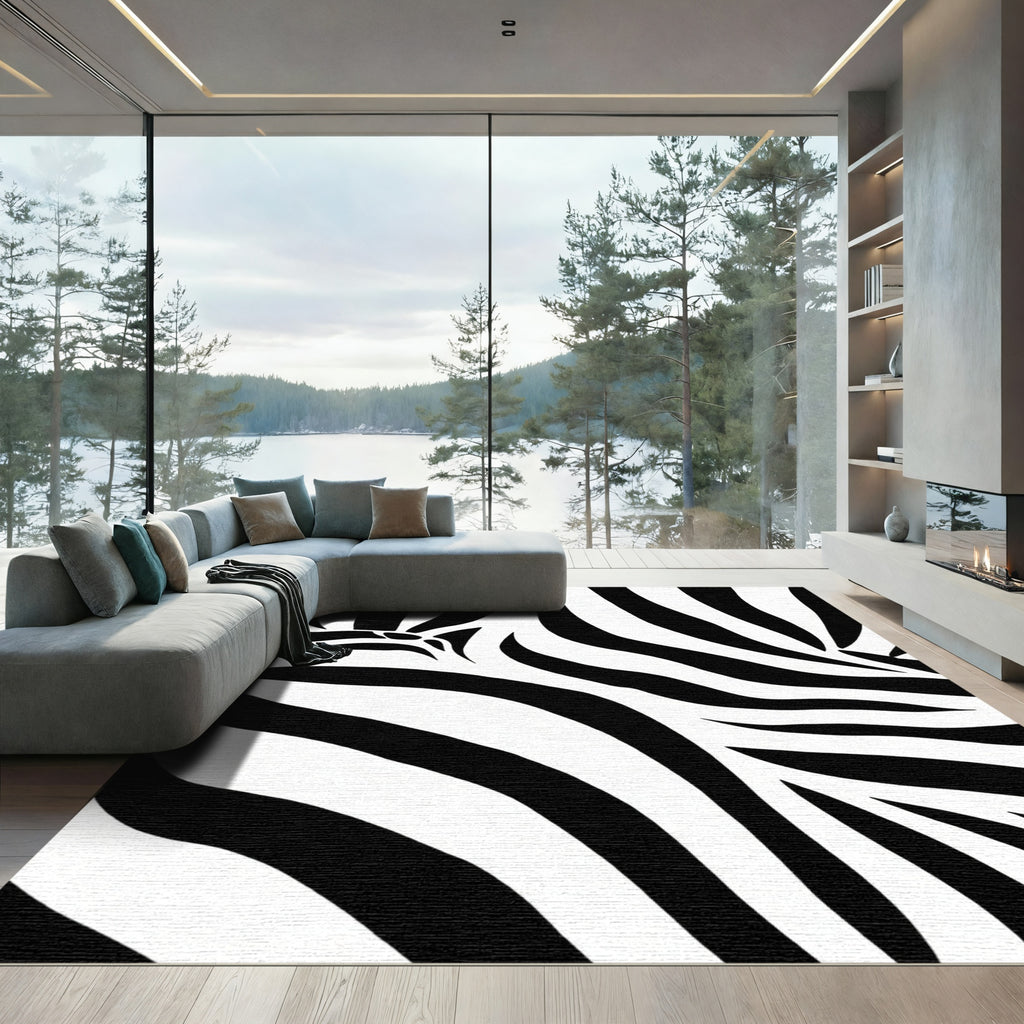 Animalistic Black White Strips Rug