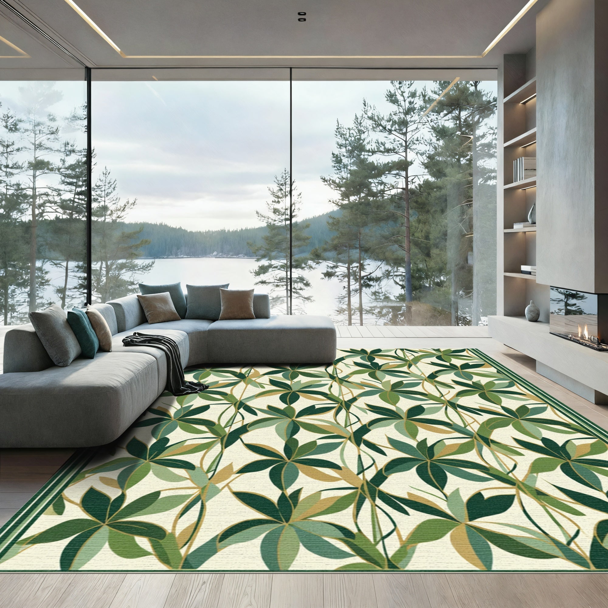 Emerald Green Leafy Vine Arrangement Rug