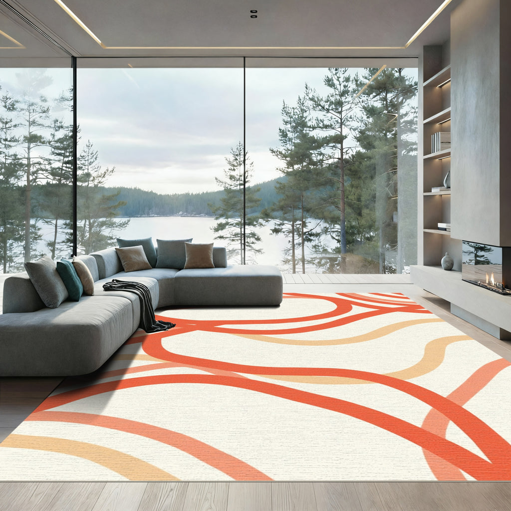 Coral Orange Abstract Swirl Lines Rug