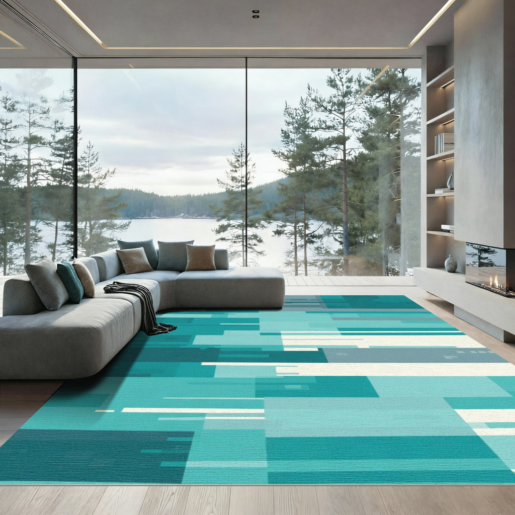 Teal Abstract Geometric Blocks Rug