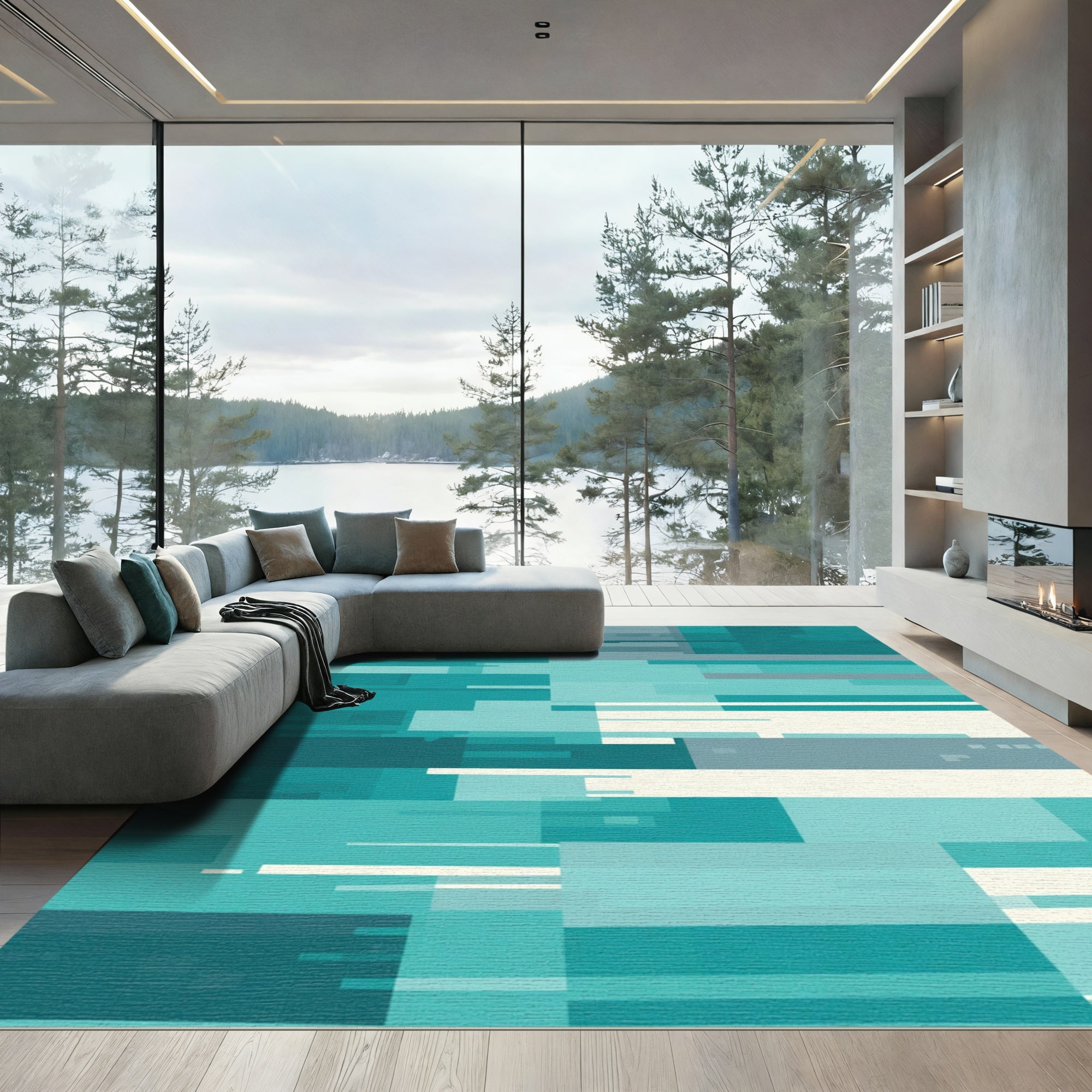 Teal Abstract Geometric Blocks Rug