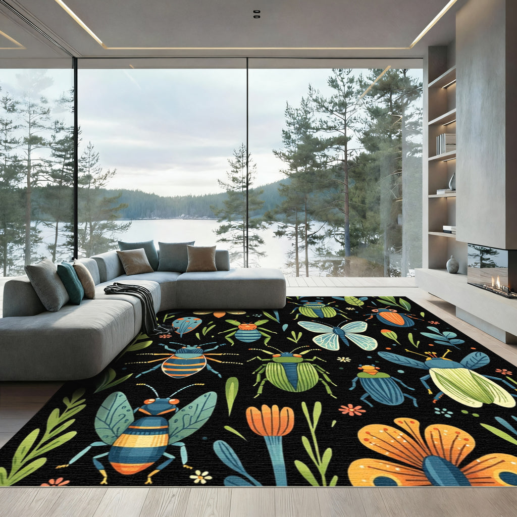 Whimsical Insect Garden Black Rug