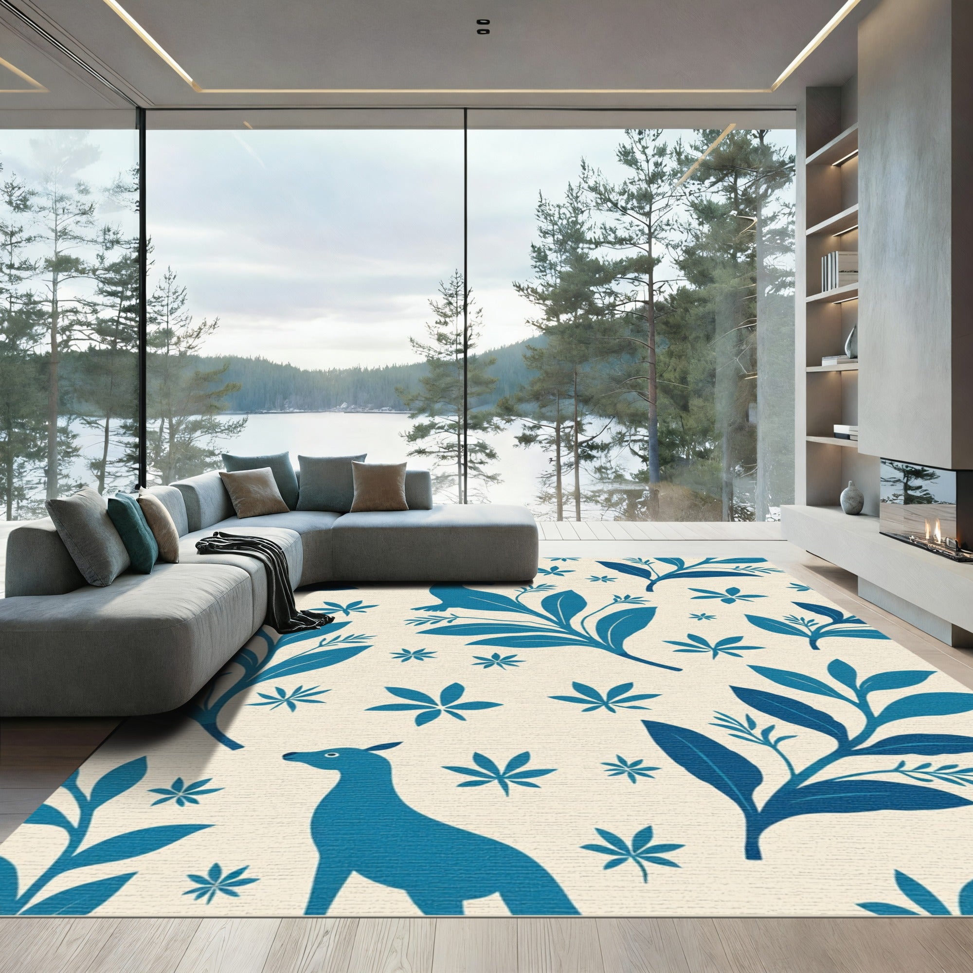 Whimsical Blue Creature Foliage Repeating Rug