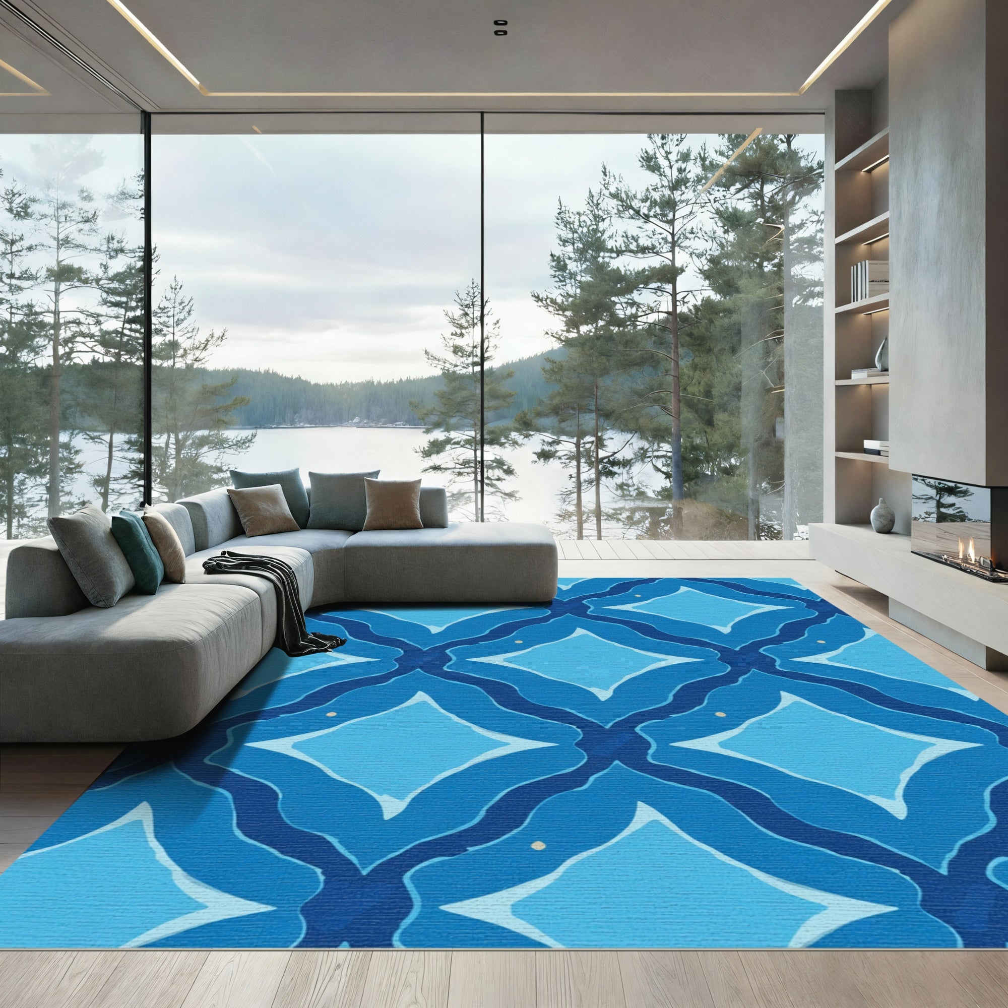 Oceanic Blue Diamond Lattice Rug