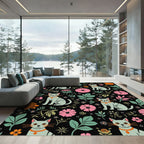 Whimsical Gray Cats Floral Garden Rug