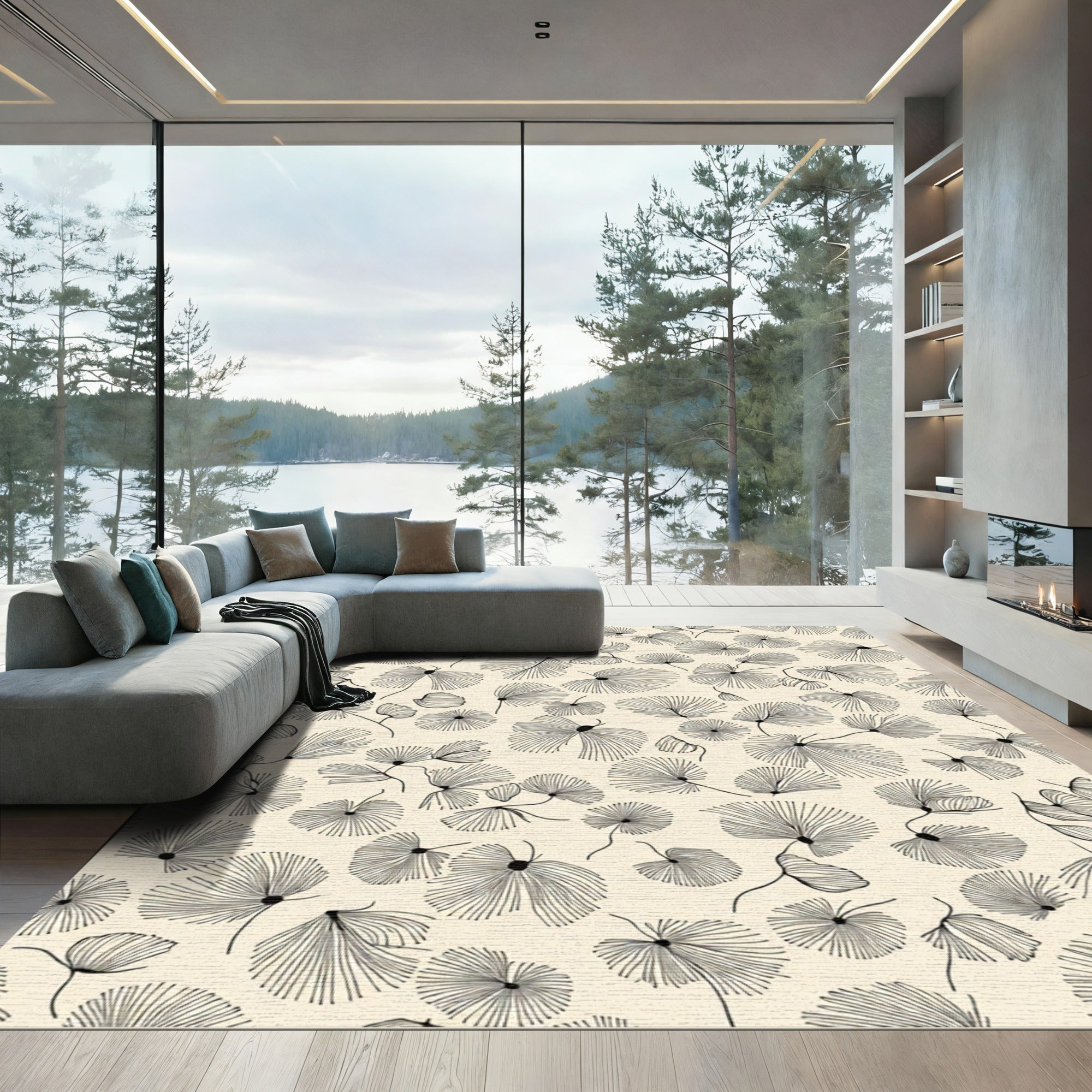 Line Art Botanical Bloom Cream Rug