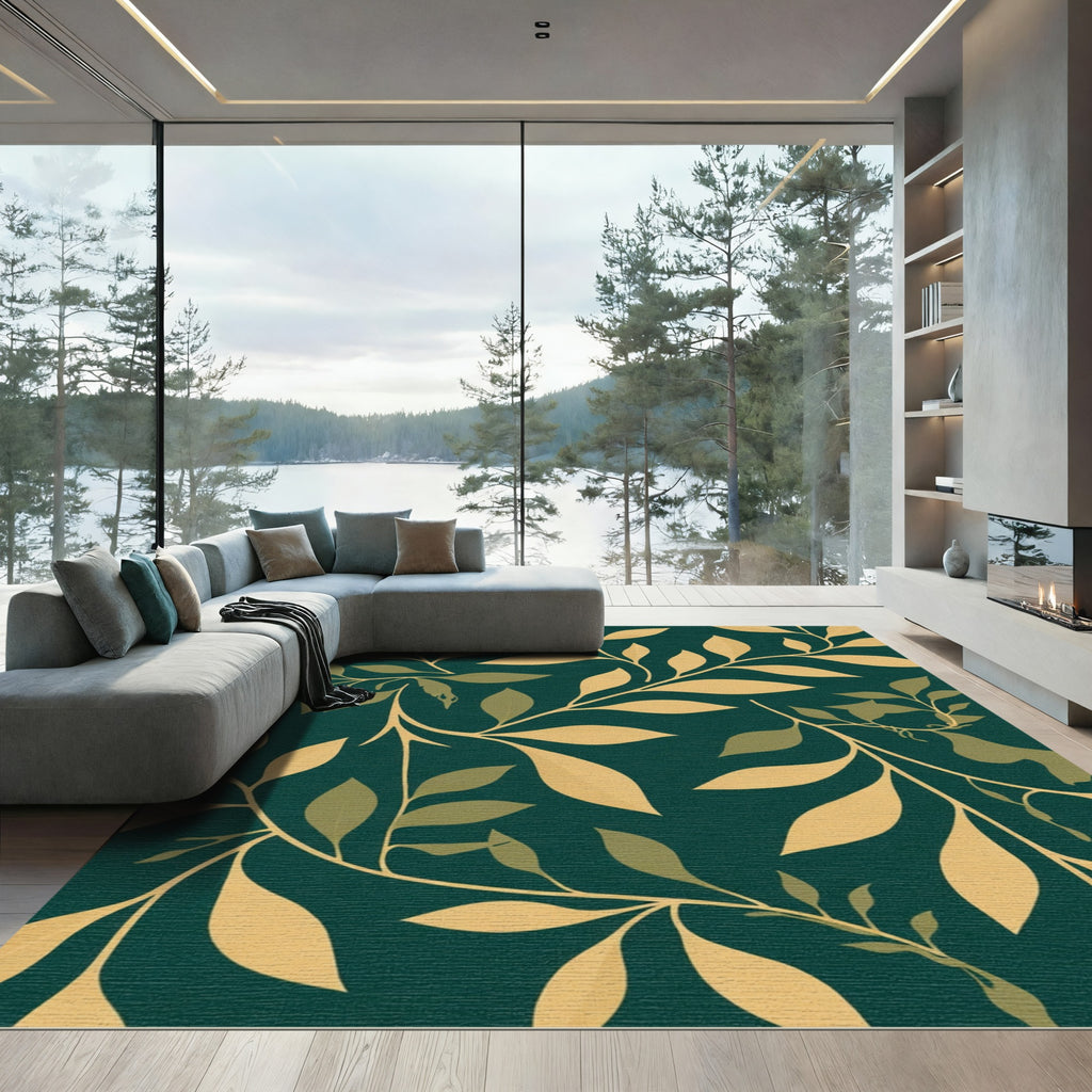 Emerald Green Golden Branch Foliage Rug