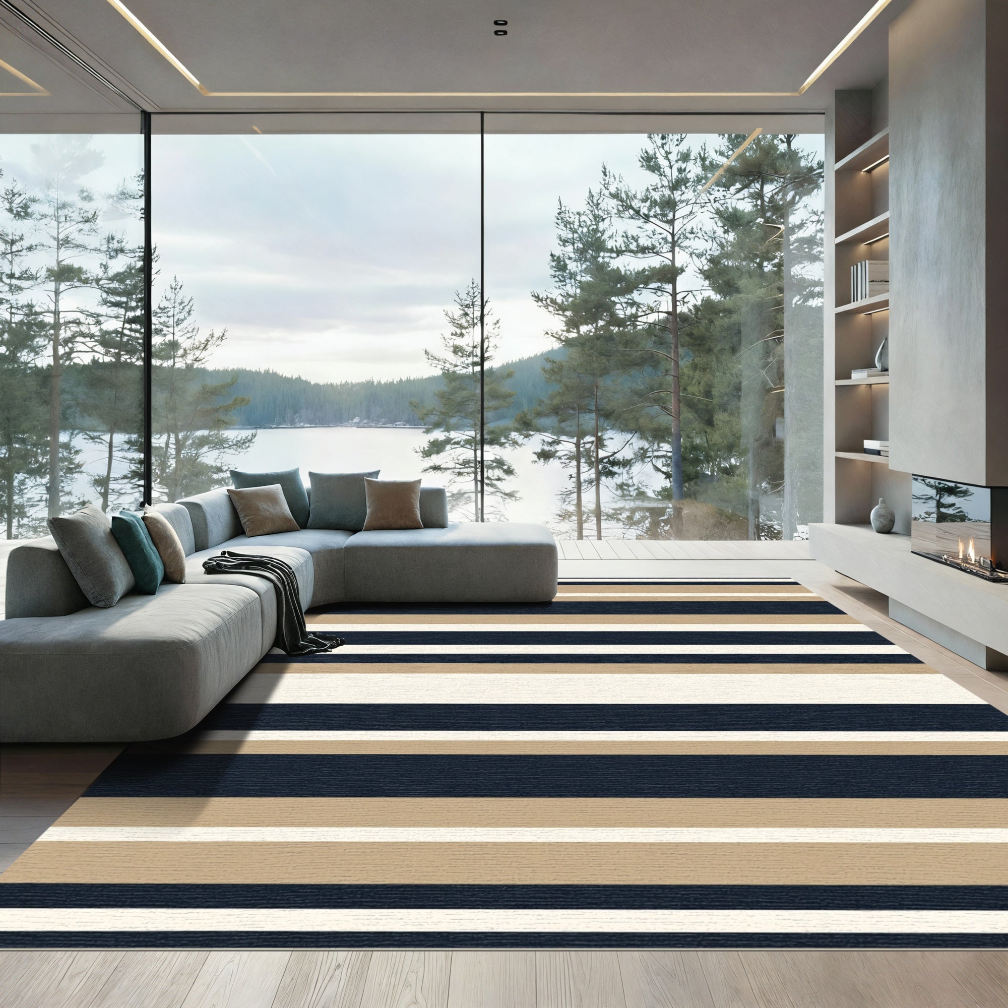 Classic Navy Tan Cream Stripes Rug