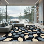 Cream Blue Leaf Repeating Pattern Rug